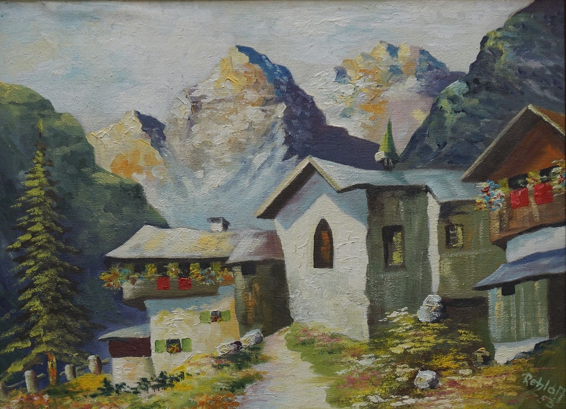 signiert "Retzlaff", "Gebirgshof", 1953, Öl/Lwd.