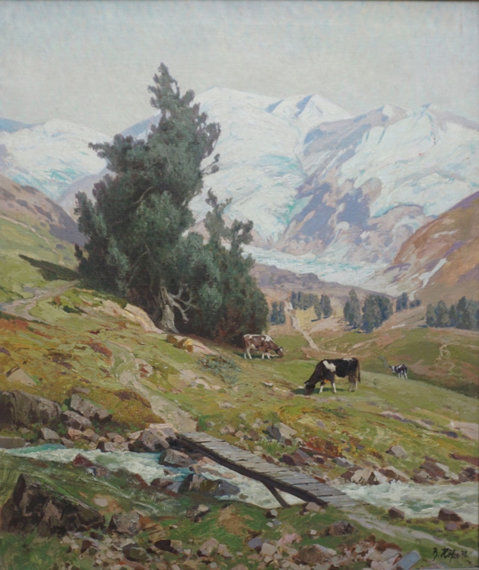 B(otho?) Höfer (1880, Berlin - 1958, ebd.), "Kühe auf der Alm", 1948, Öl/Lwd.