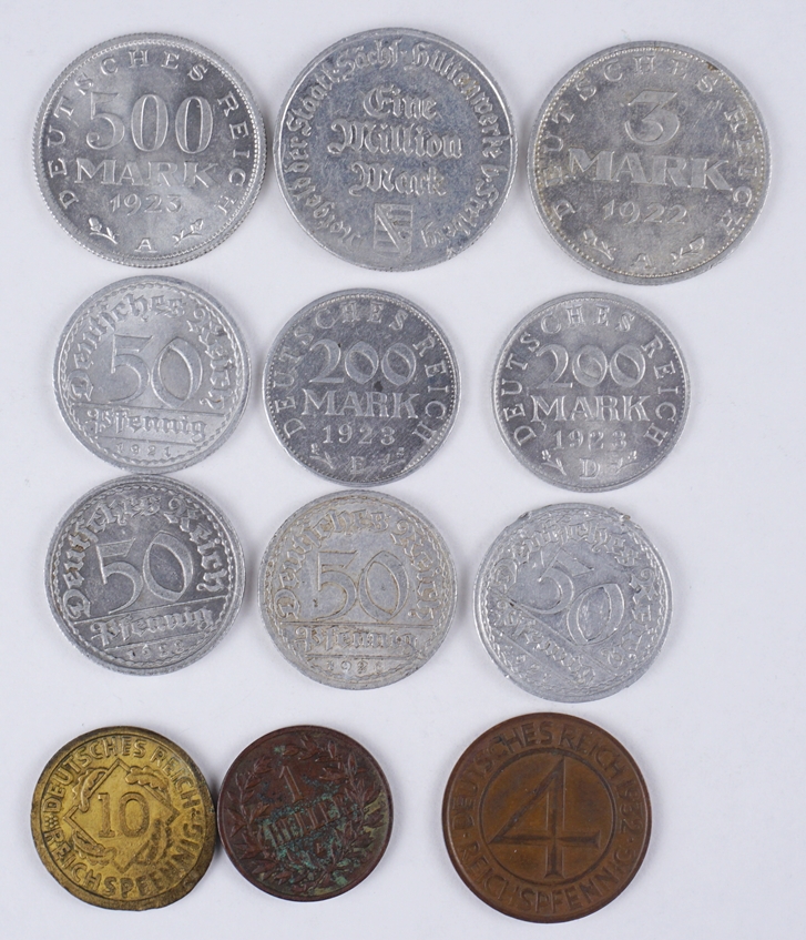 12 Kleinmünzen / Notgeld, Deutsches Reich, Weimarer Republik, 1920er Jahre
