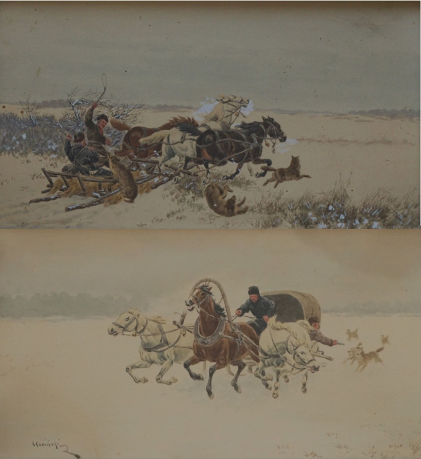 Kajetan Kosiński (1847-1935, SVK/POL), Paar "Angreifende Wölfe", Gouache/Papier
