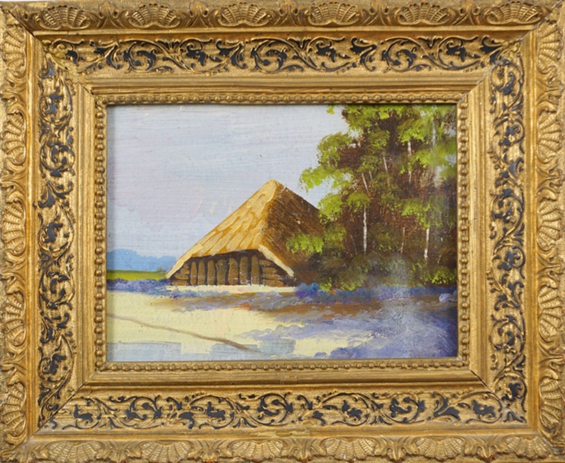kleines Gemälde, "Hütte am Ufer", 1. Hälfte 20. Jh., Öl/Karton