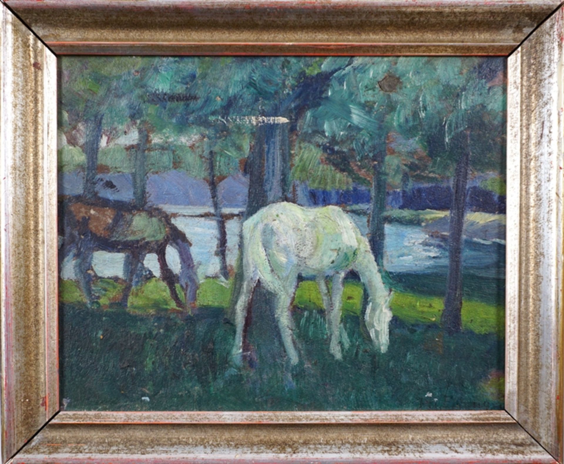 Philipp Jakob Erlanger (1870, Frankfurt/M. - 1934, Braunschweig), "Pferde", Öl/Hartfaser