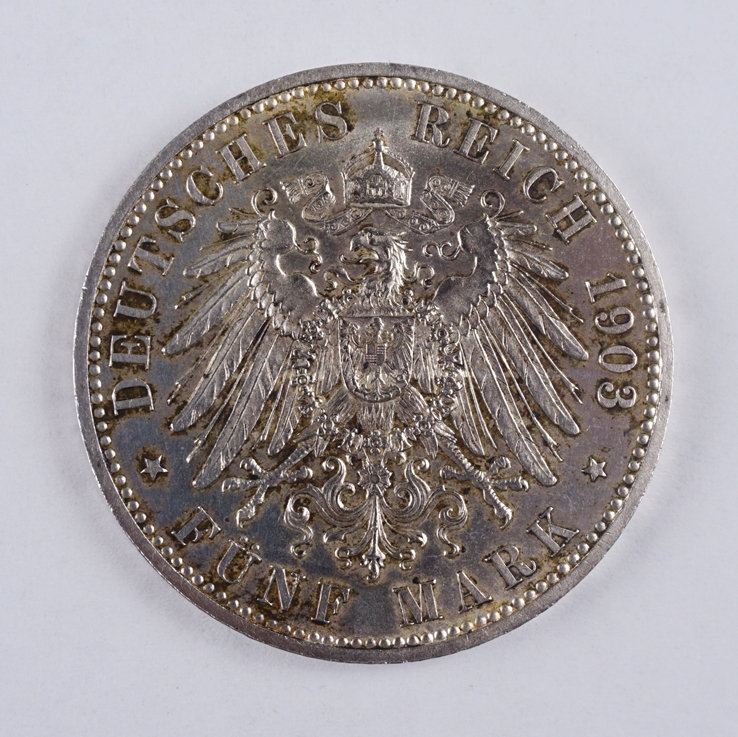 Dt.Kaiserreich, 5 Mark 1903, Ernst Herzog v. Sachsen, 900er Silber - Bild 2 aus 2
