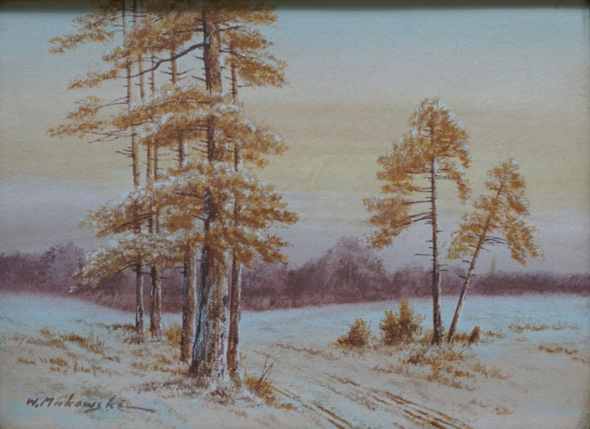 W. Makowski, "Weite Landschaft mit Birken", frühes 20. Jh., Aquarell/Papier