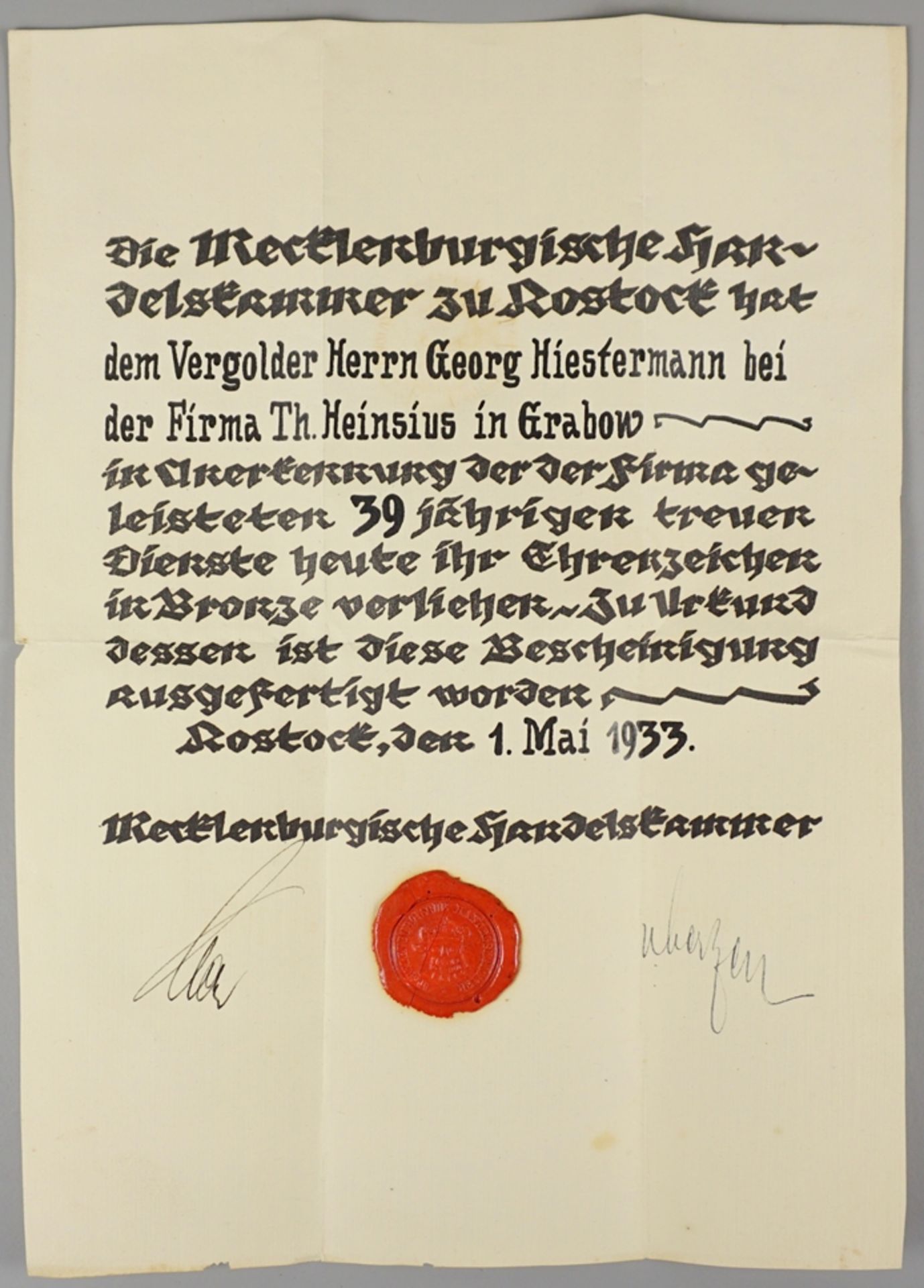 Urkunde. verliehen durch die Mecklenburgische Handelskammer, Rostock, 1933, dazu div.Reichsbanknote