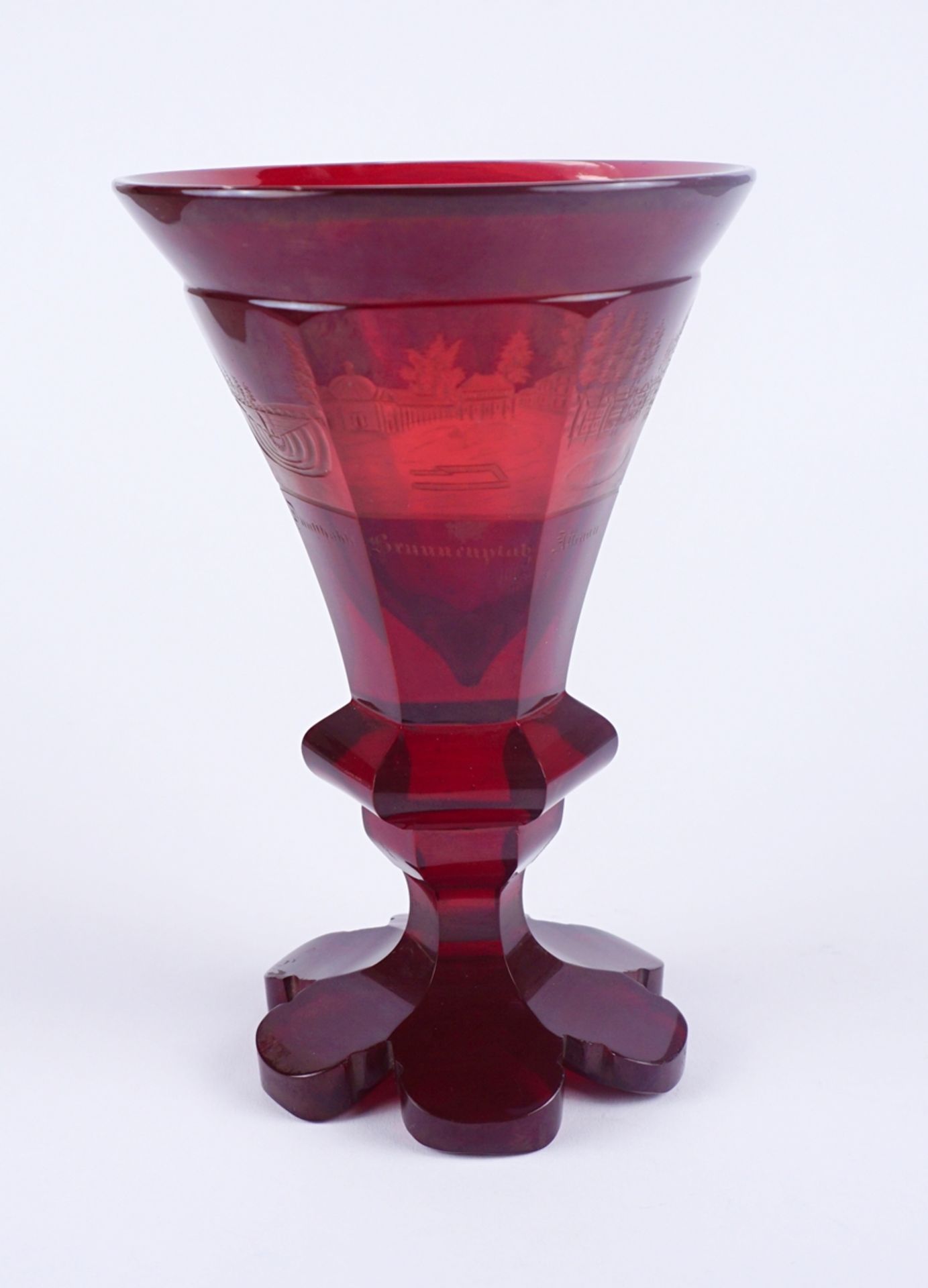 personalisiertes Bäderglasvase "Pyrmont", Rubinglas, Böhmen, Mitte 19.Jh.