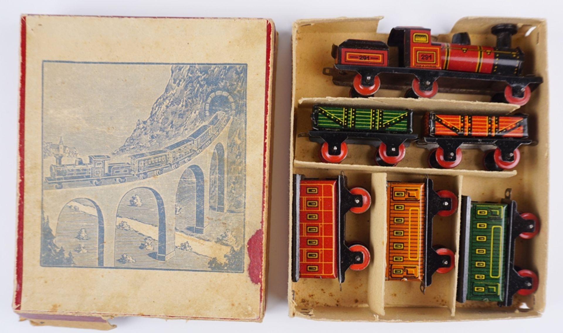 6-tlg. Miniatureisenbahn, Blechspielzeug, in OVP, wohl 1950er Jahre - Bild 2 aus 2