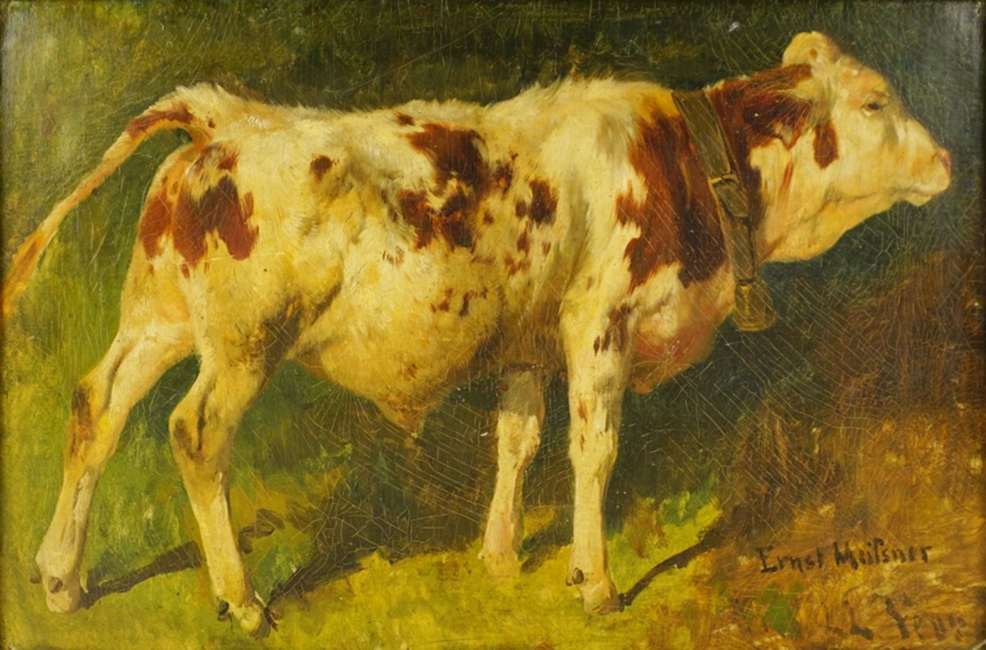 Ernst Adolf Meißner (1837, Dresden - 1902, München), "Weiß-braun gefleckter Stier", Öl/Hartfaser - Bild 2 aus 3