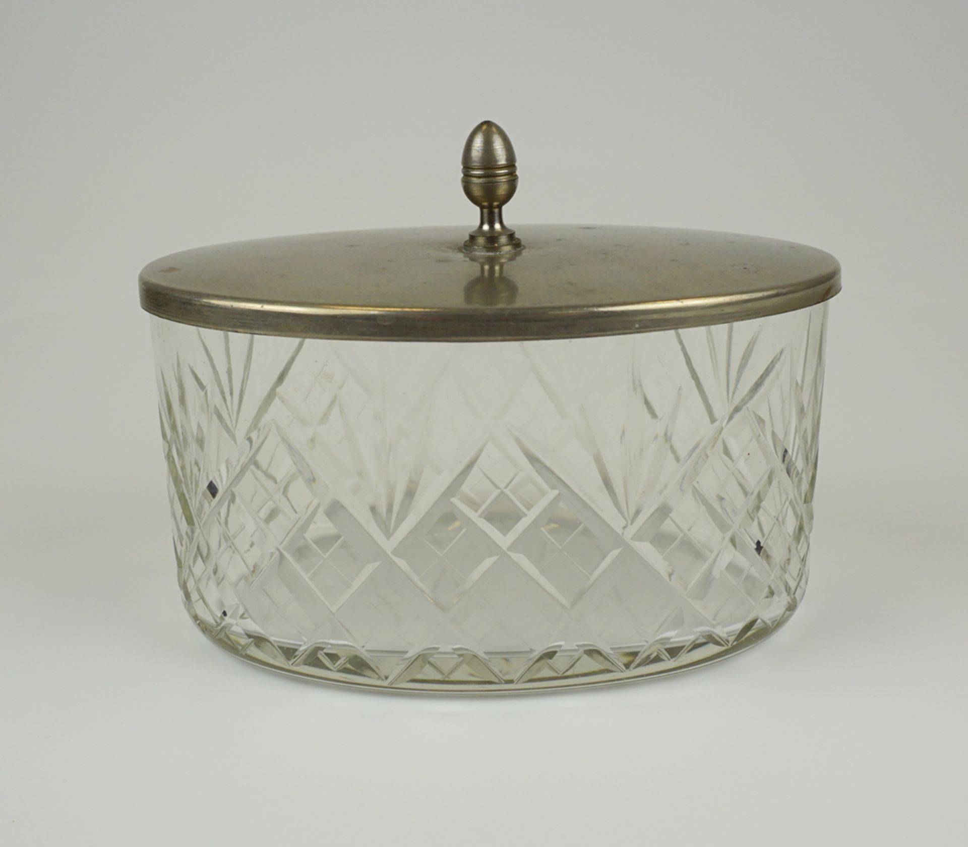 ovale Deckeldose, Kristall mit Metalldeckel, 1930er Jahre