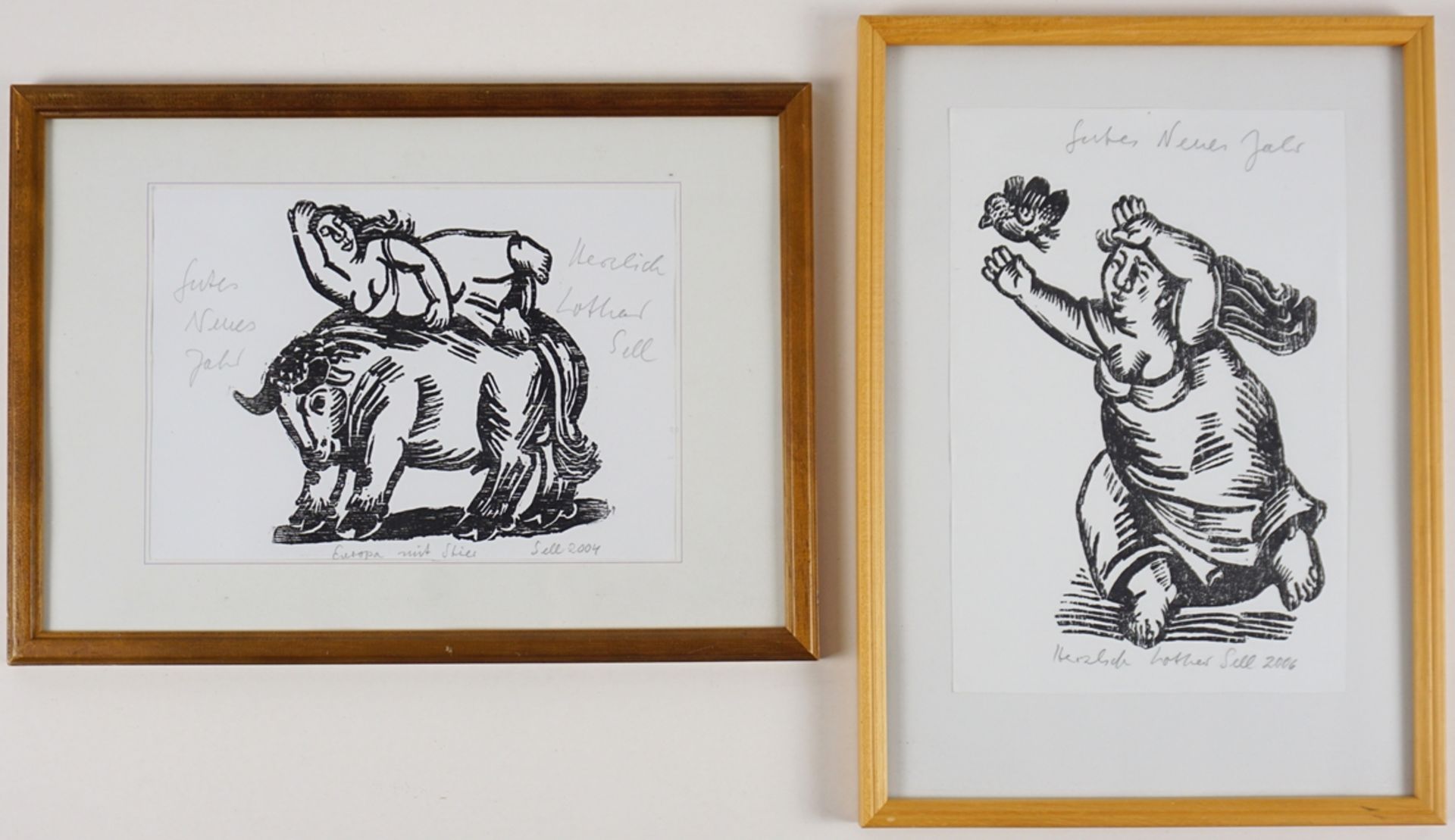 Lothar Sell (1939, Treuenbrietzen - 2009, Meißen), 2 Holzschnitte: "Europa mit Stier" und "Frau mit