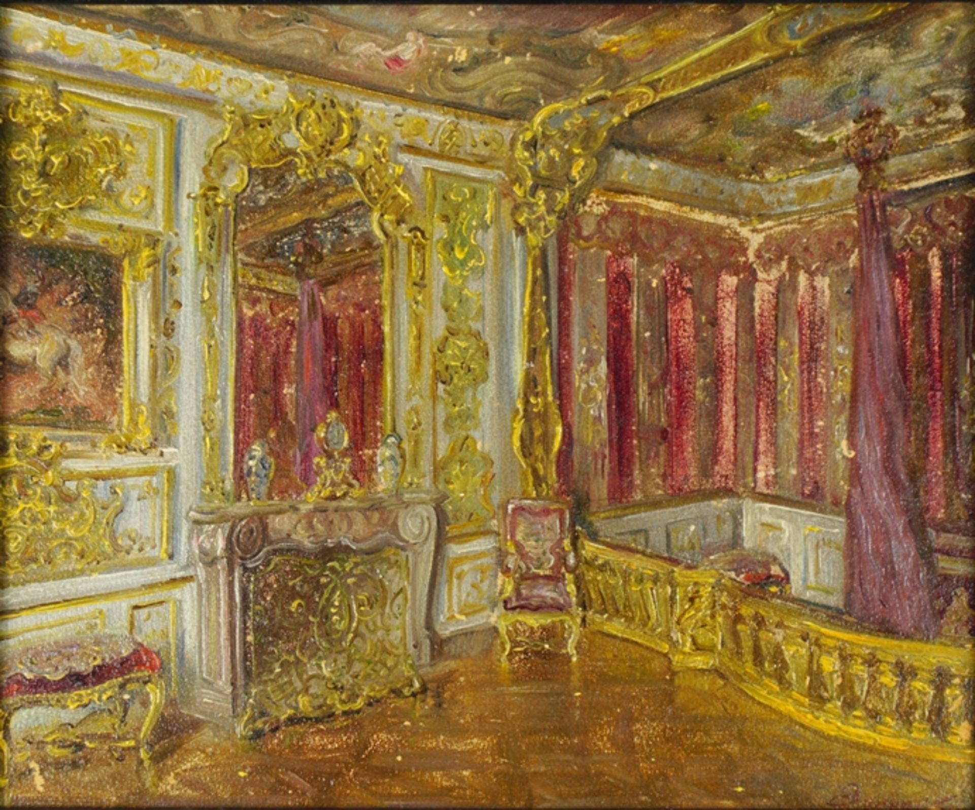 undeutlich signiert, "Schlossinterieur", 1. Hälfte 20. Jh., Öl/Karton