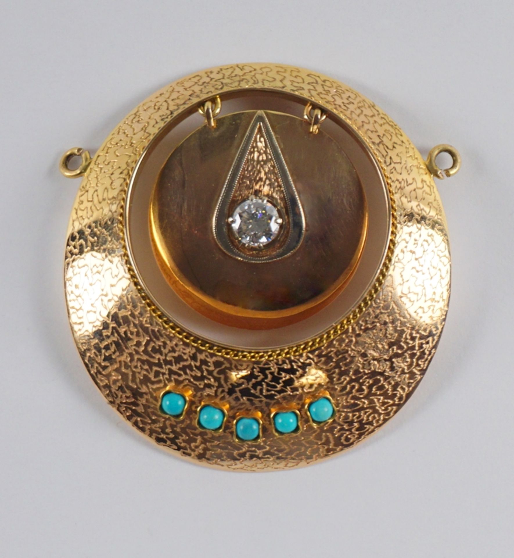 Collier-Mittelteil mit Diamant-Brillant ca. 0,75ct und 5 Türkiskugeln, 585er Rotgold, Gew.13,58g