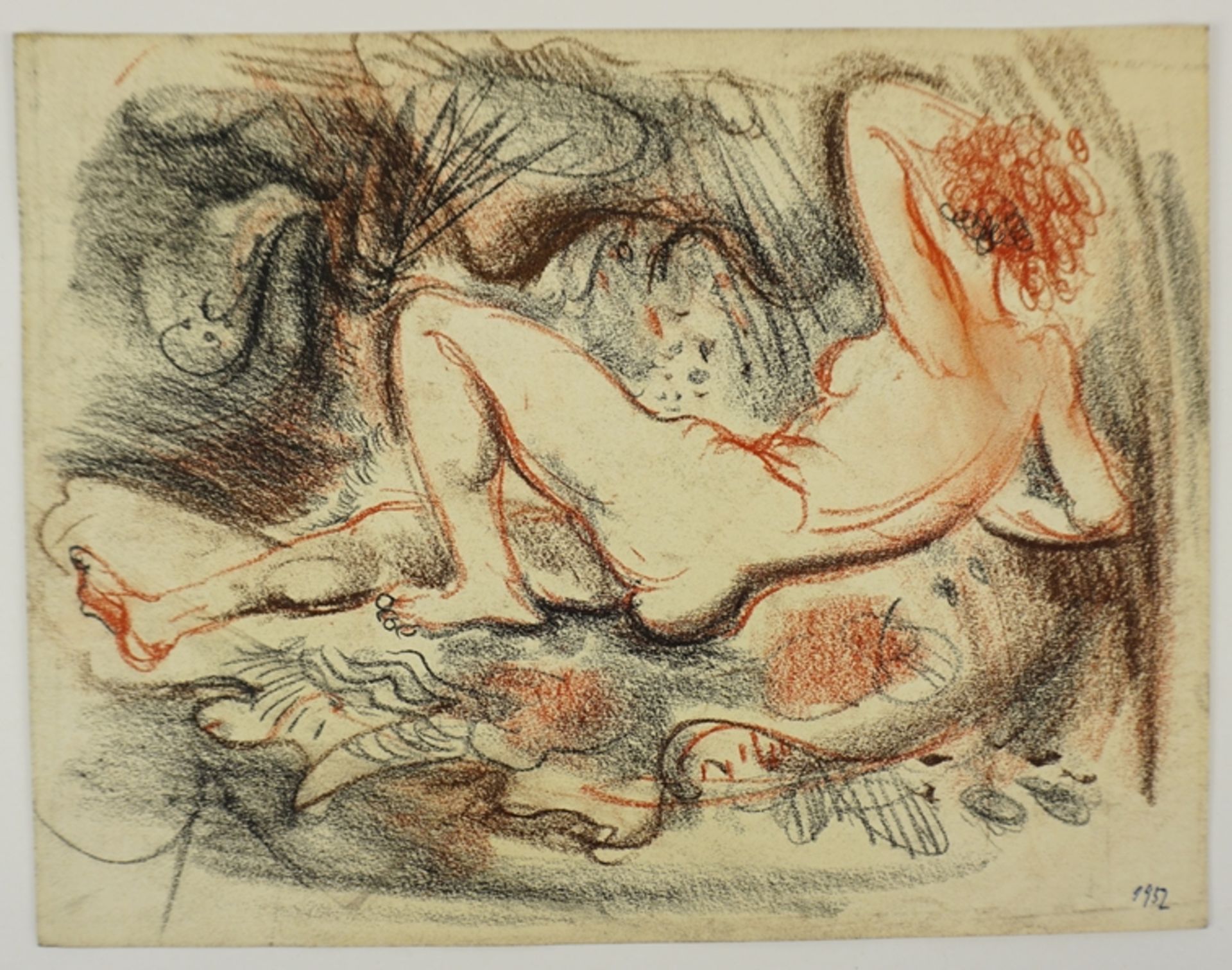 Paul Kuhfuss (1883, Berlin - 1960, ebd.), "Liegender Frauenakt", 1952, Rötel/Kohle/Papier