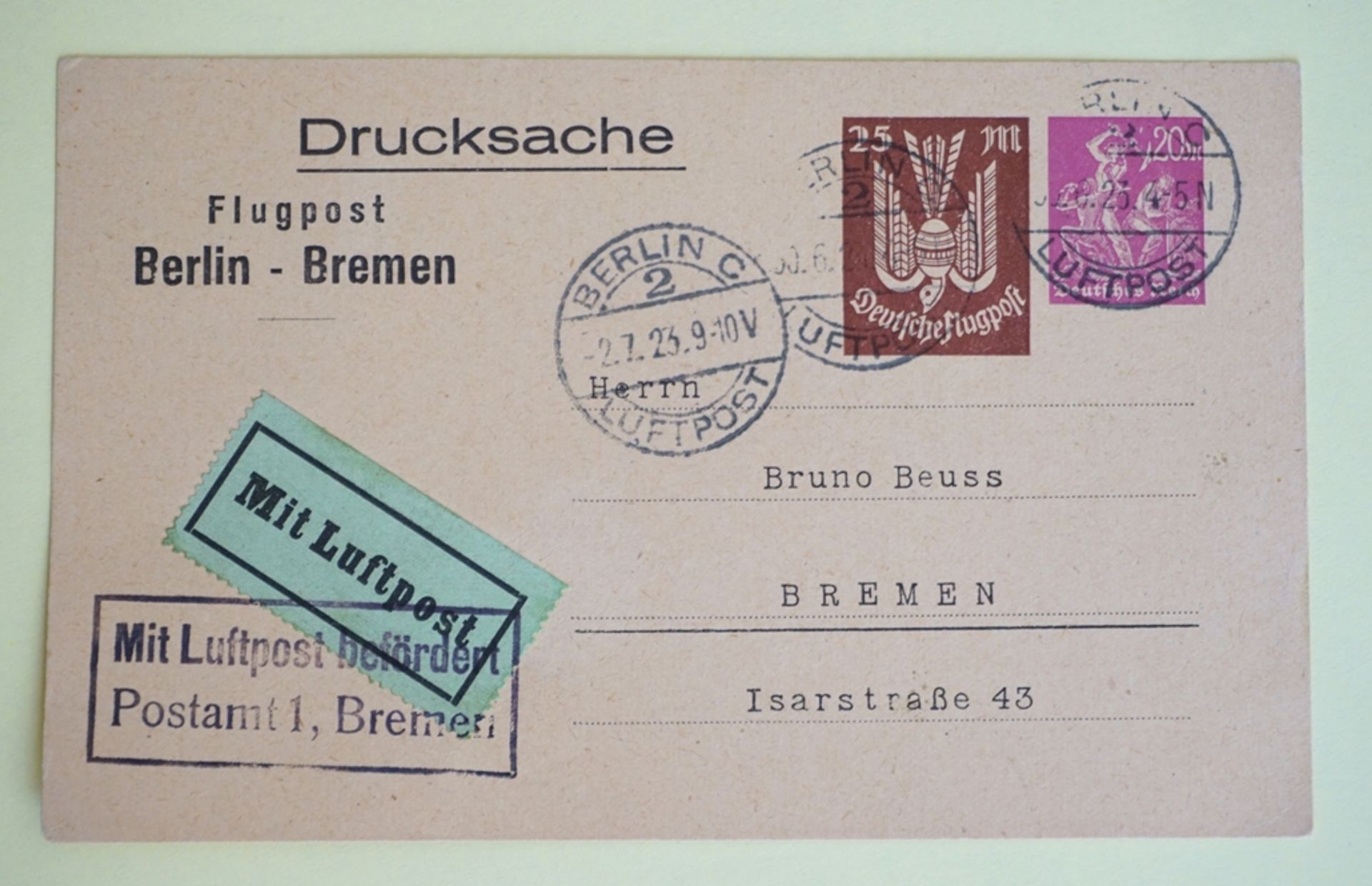 Drucksache, Postkarte, mit aufgedruckten Marken, Flugpostmarke