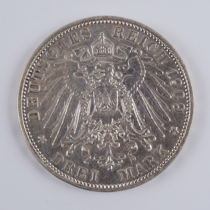 3 Mark 1909, Wilhelm II, Preussen, 900er Silber - Image 2 of 2
