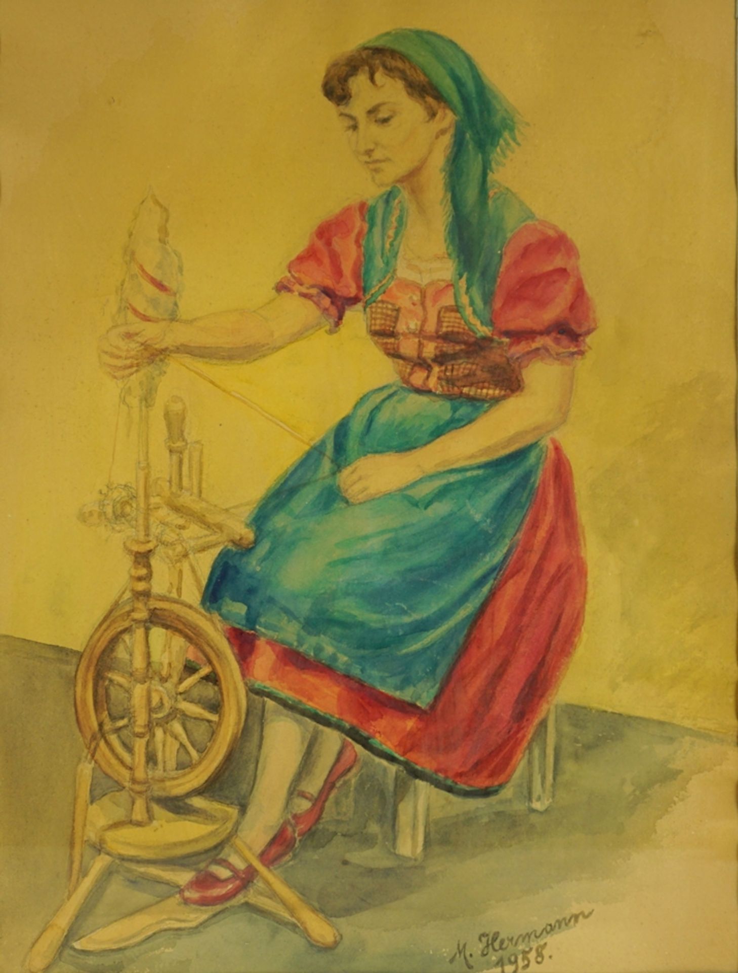 Marga(rethe) Hermann (1905 - 1993), "Frau am Spinnrad", 1958, Aquarell - Image 2 of 3