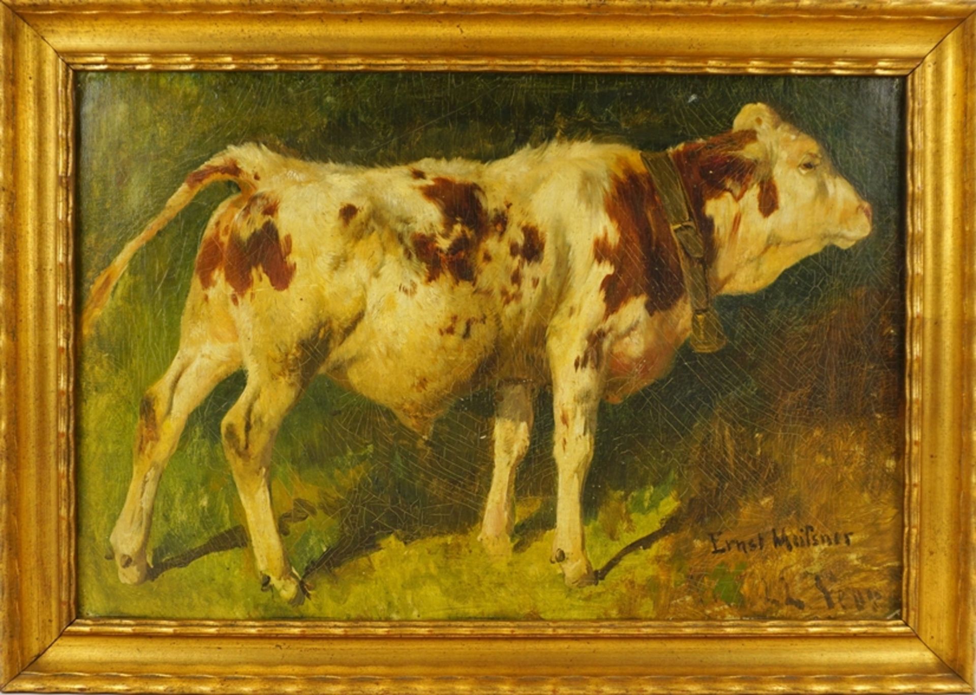 Ernst Adolf Meißner (1837, Dresden - 1902, München), "Weiß-braun gefleckter Stier", Öl/Hartfaser