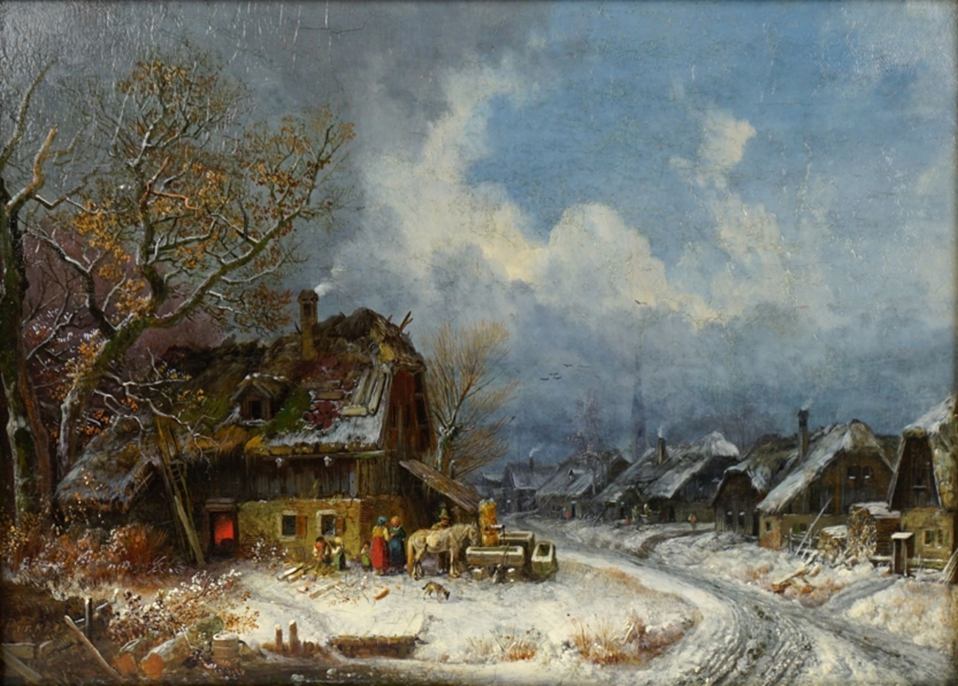 Johann Heinrich Bürkel (1802, Pirmasens - 1869, München), "Winterliche Dorfstraße mit Schmiede", ca - Bild 2 aus 4