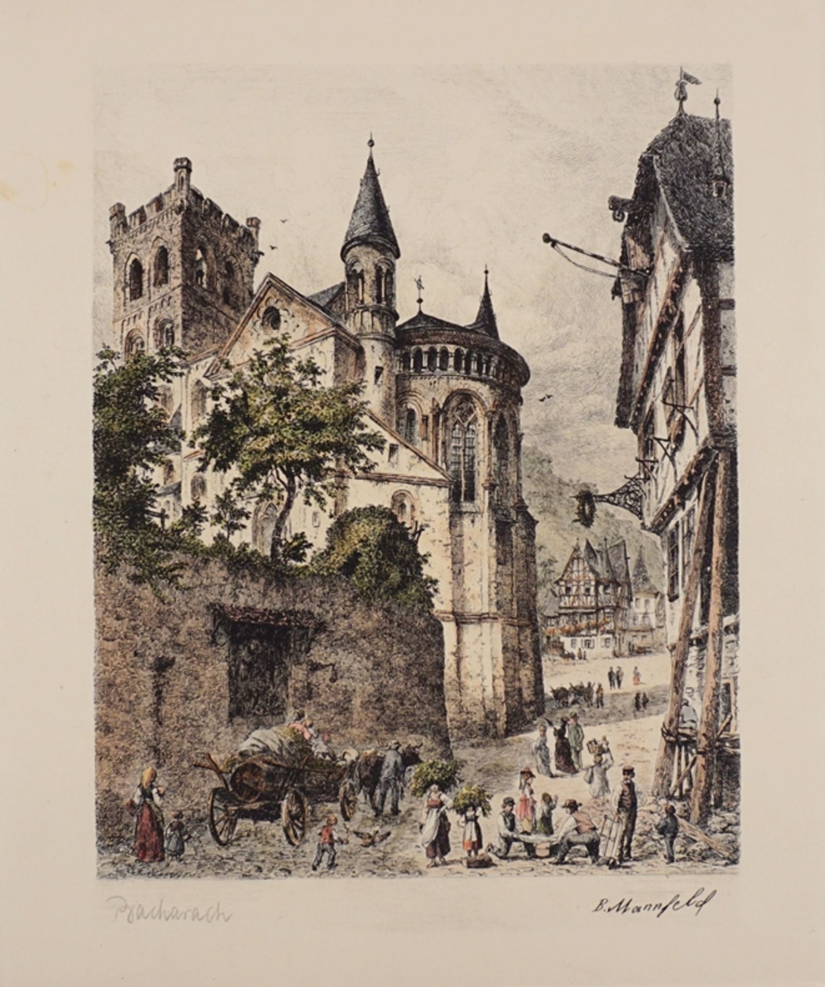 Bernhard K.J. Mannfeld (1848-1925), 2 Stadtansichten "Straßburg" und "Bacharach", kolorierte Radier