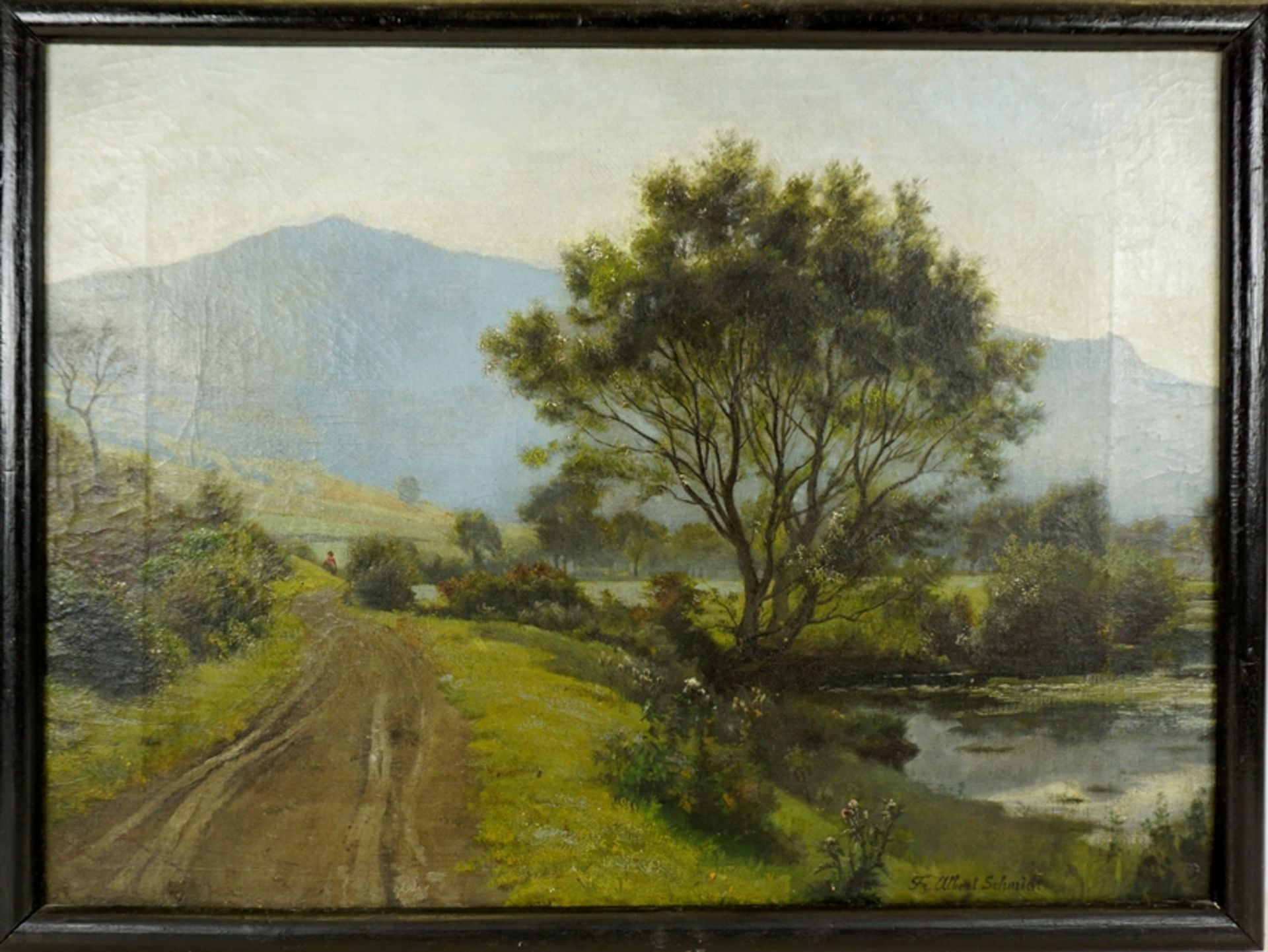 Friedrich Albert Schmidt (1846, Sundhausen/Elsass - 1916, Weimar), "Uferweg mit Bergpanorama", Öl/L - Bild 2 aus 4