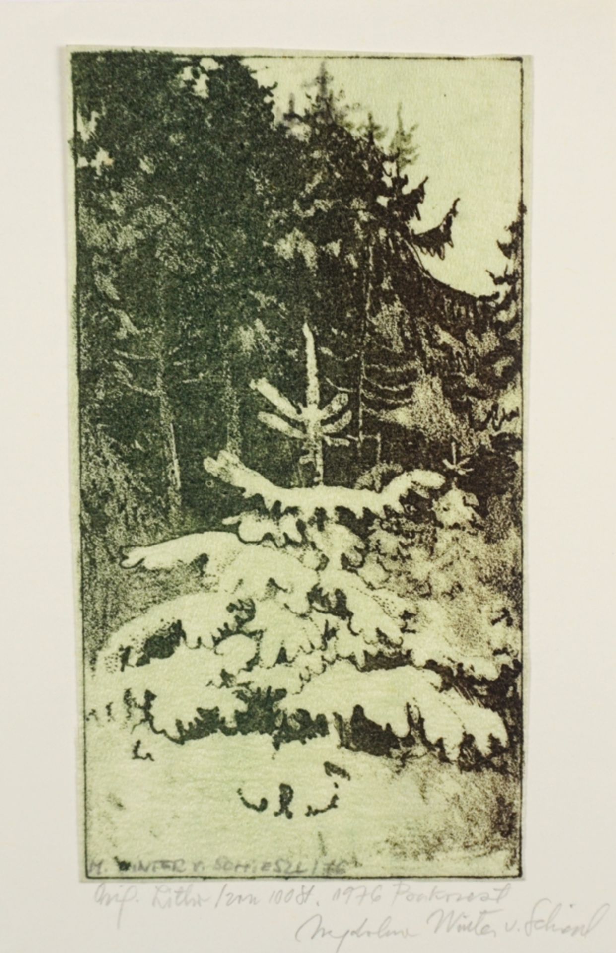 2 kleine Farbgrafiken, "Stehendes Kleid" und "Winterwald", 1970er Jahre - Image 2 of 2