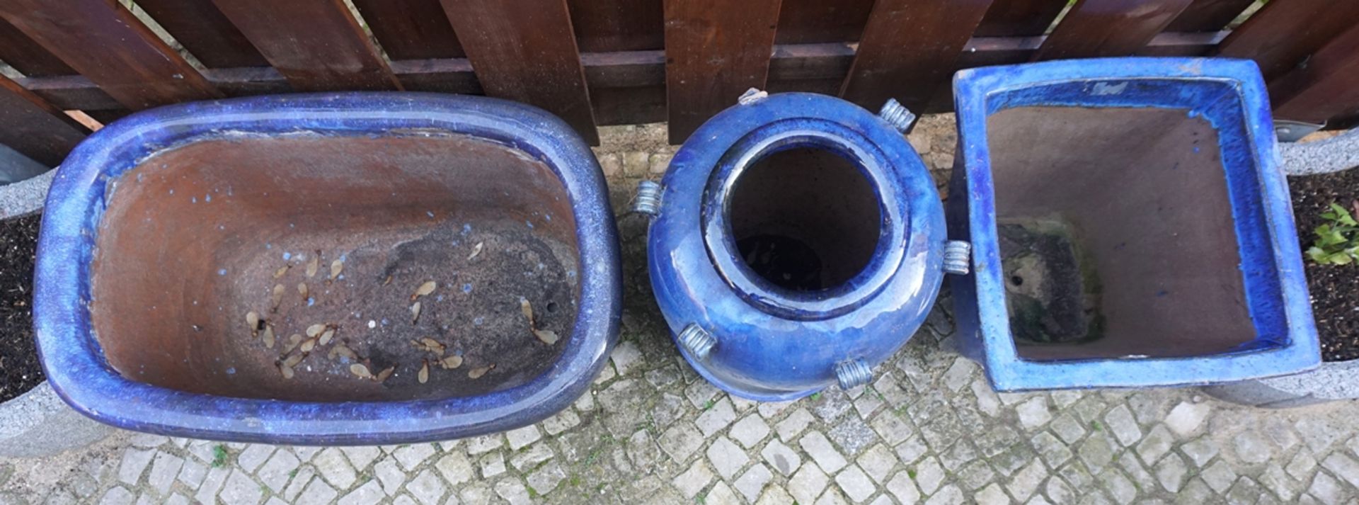 3 große Pflanzgefäße mit blauer Verlaufsglasur, Gartendekoration - Bild 2 aus 2