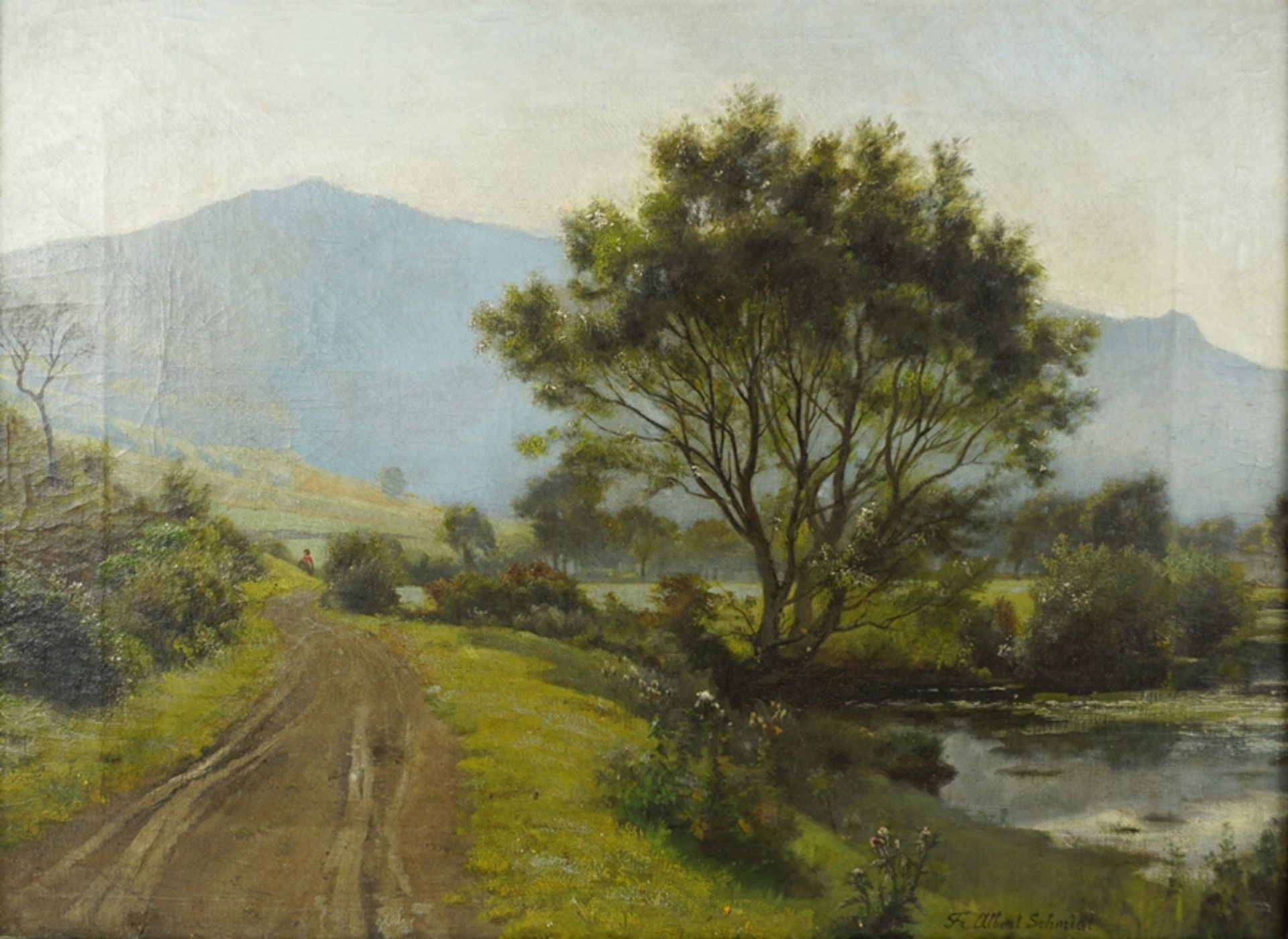 Friedrich Albert Schmidt (1846, Sundhausen/Elsass - 1916, Weimar), "Uferweg mit Bergpanorama", Öl/L