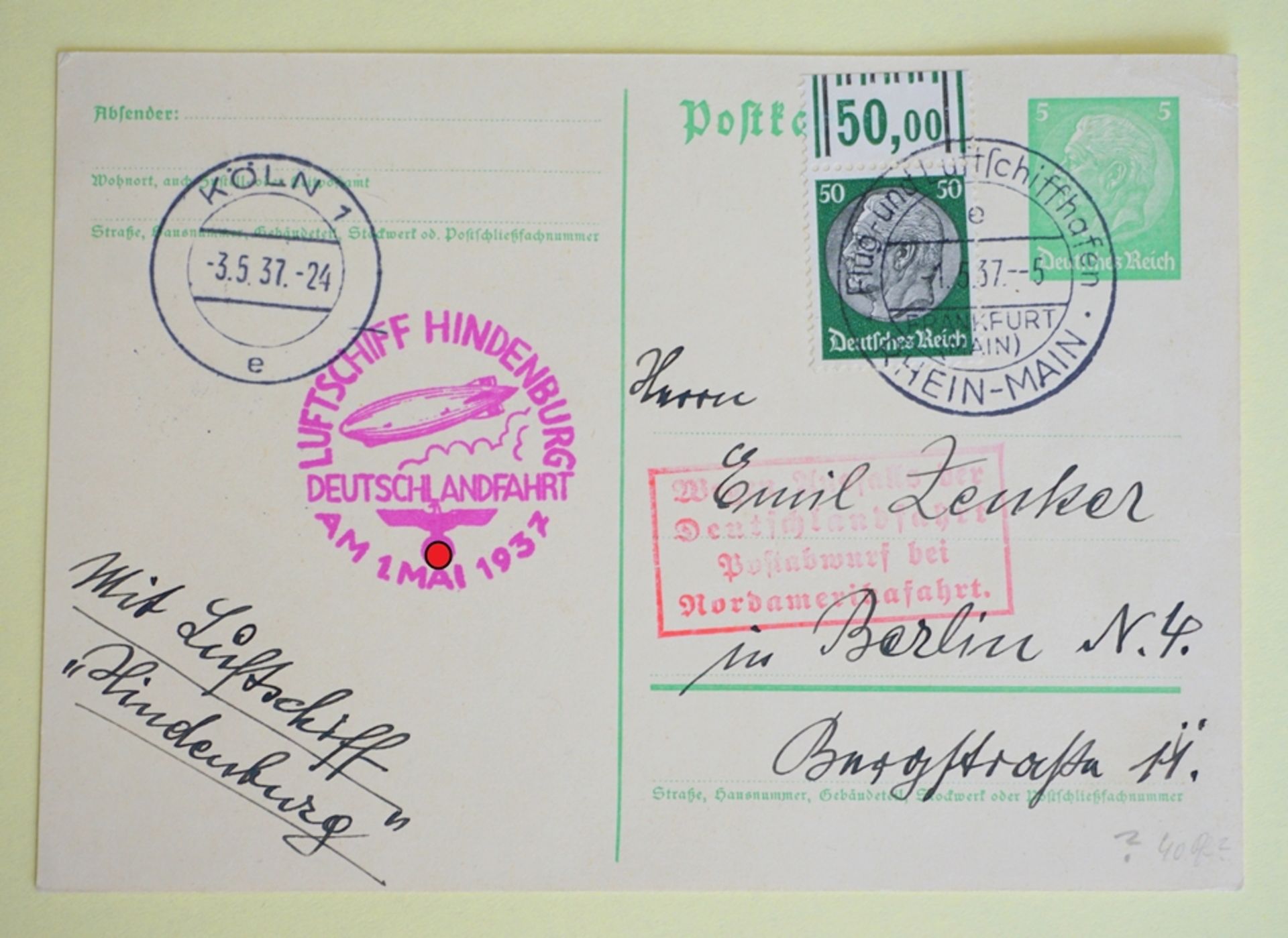 Privat-Postkarte, 5 Pf. und v.Hindenburg, 50 Pf 