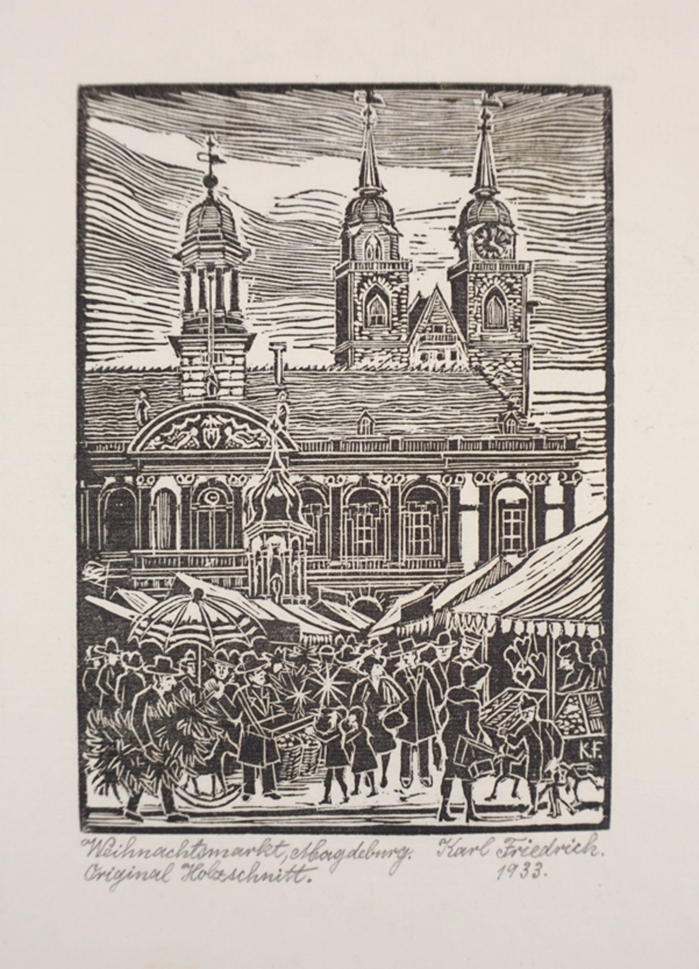 Karl Friedrich, "Magdeburger Weihnachtsmarkt", 1933, Holzschnitt/Pergament