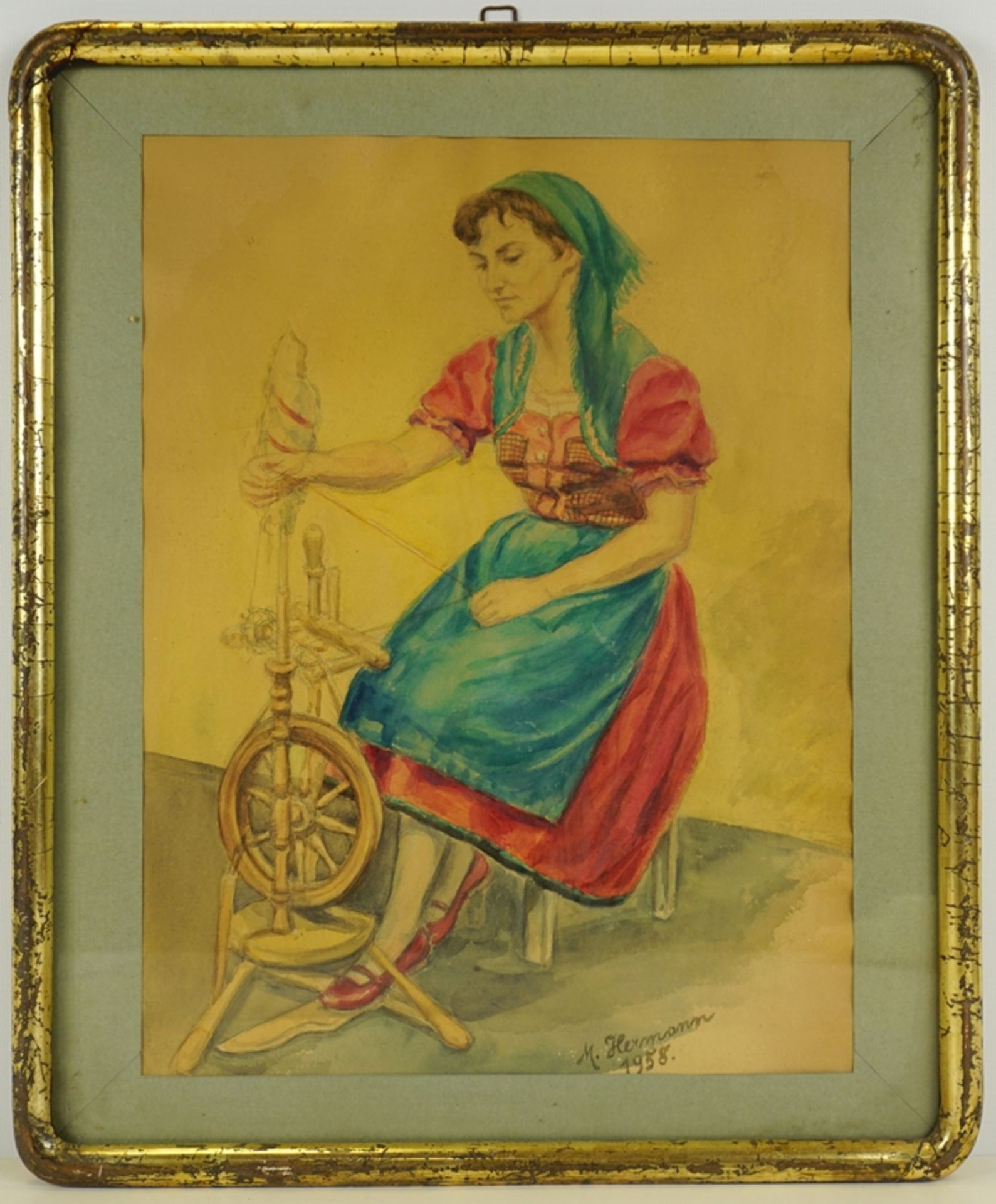 Marga(rethe) Hermann (1905 - 1993), "Frau am Spinnrad", 1958, Aquarell