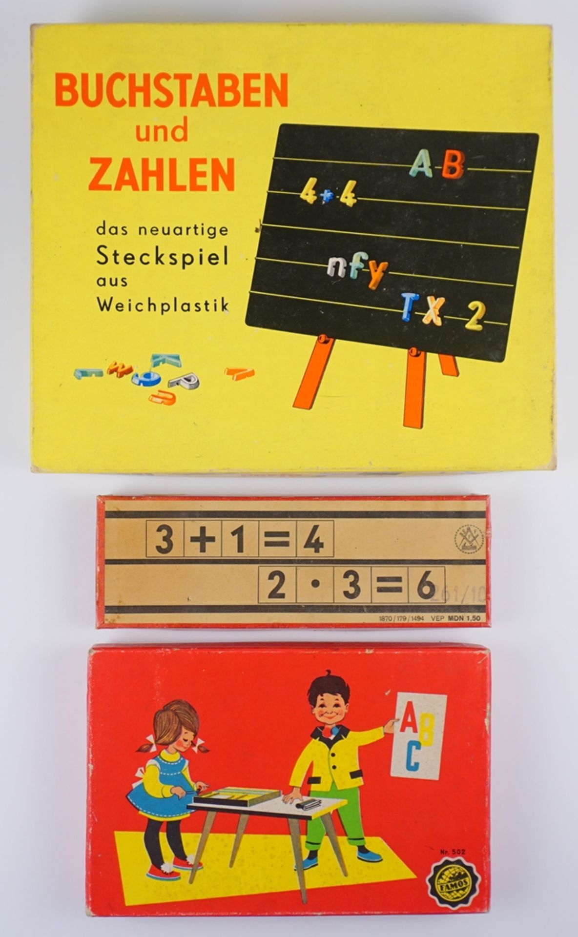 3 Spiele mit Buchstaben und Zahlen, 1950er/1960er Jahre, DDR