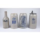 3 Maß-Bierkrüge, Bayern und eine Flasche, um 1900/1910