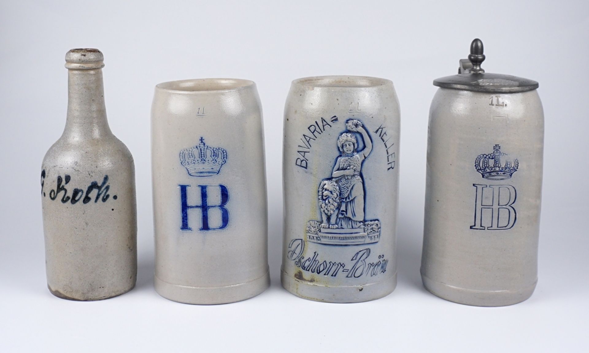 3 Maß-Bierkrüge, Bayern und eine Flasche, um 1900/1910