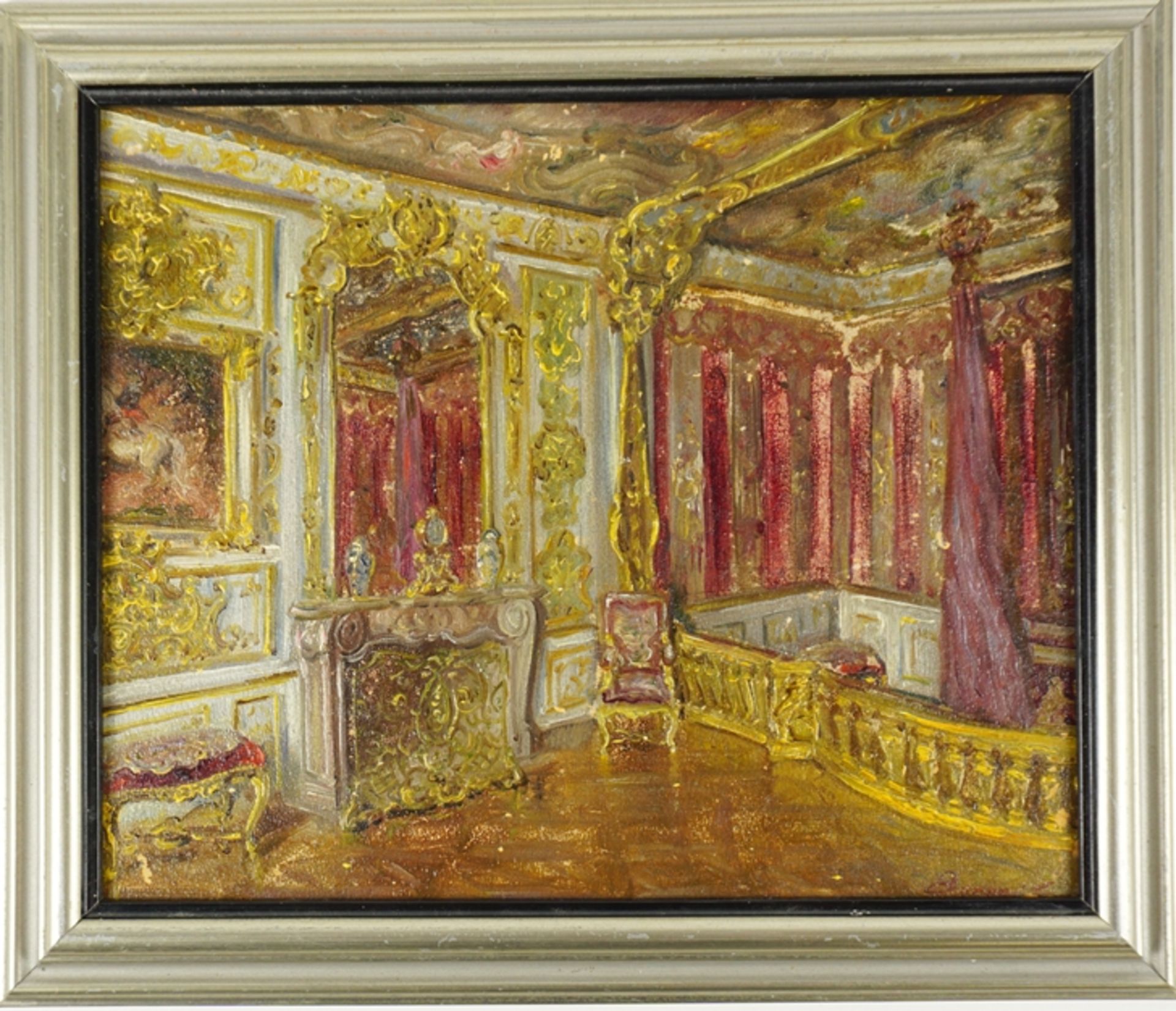 undeutlich signiert, "Schlossinterieur", 1. Hälfte 20. Jh., Öl/Karton - Bild 2 aus 3