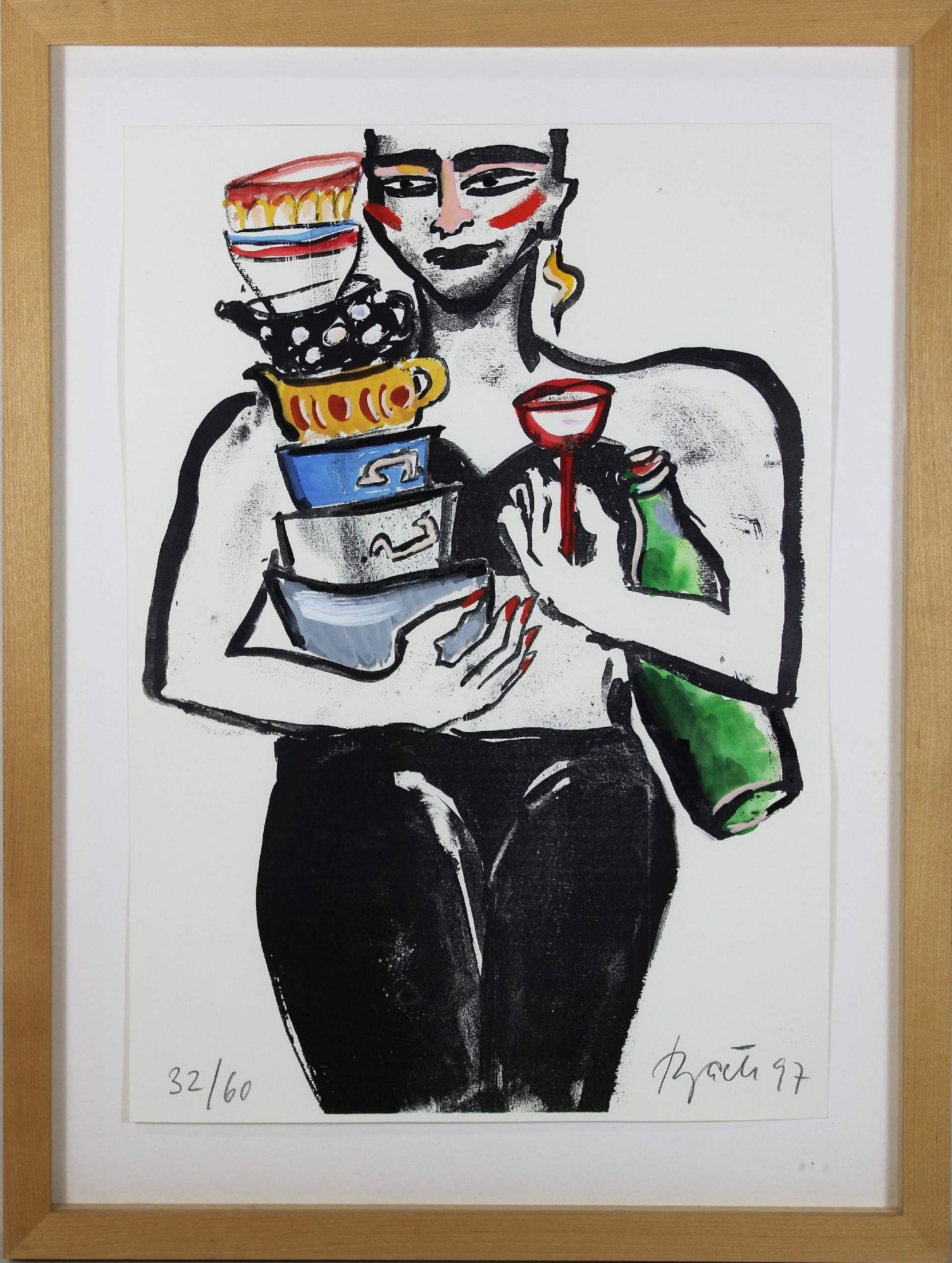 Elvira Bach (deutsch, geb. 1951), Frau mit Töpfen, Lithographie