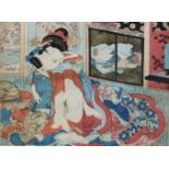 Keisutei (Mitte 19 Jh.), Shunga, Japanischer Farbholzschnitt, Maße Doppel-Buchblatt B 21,5 x 16 cm,