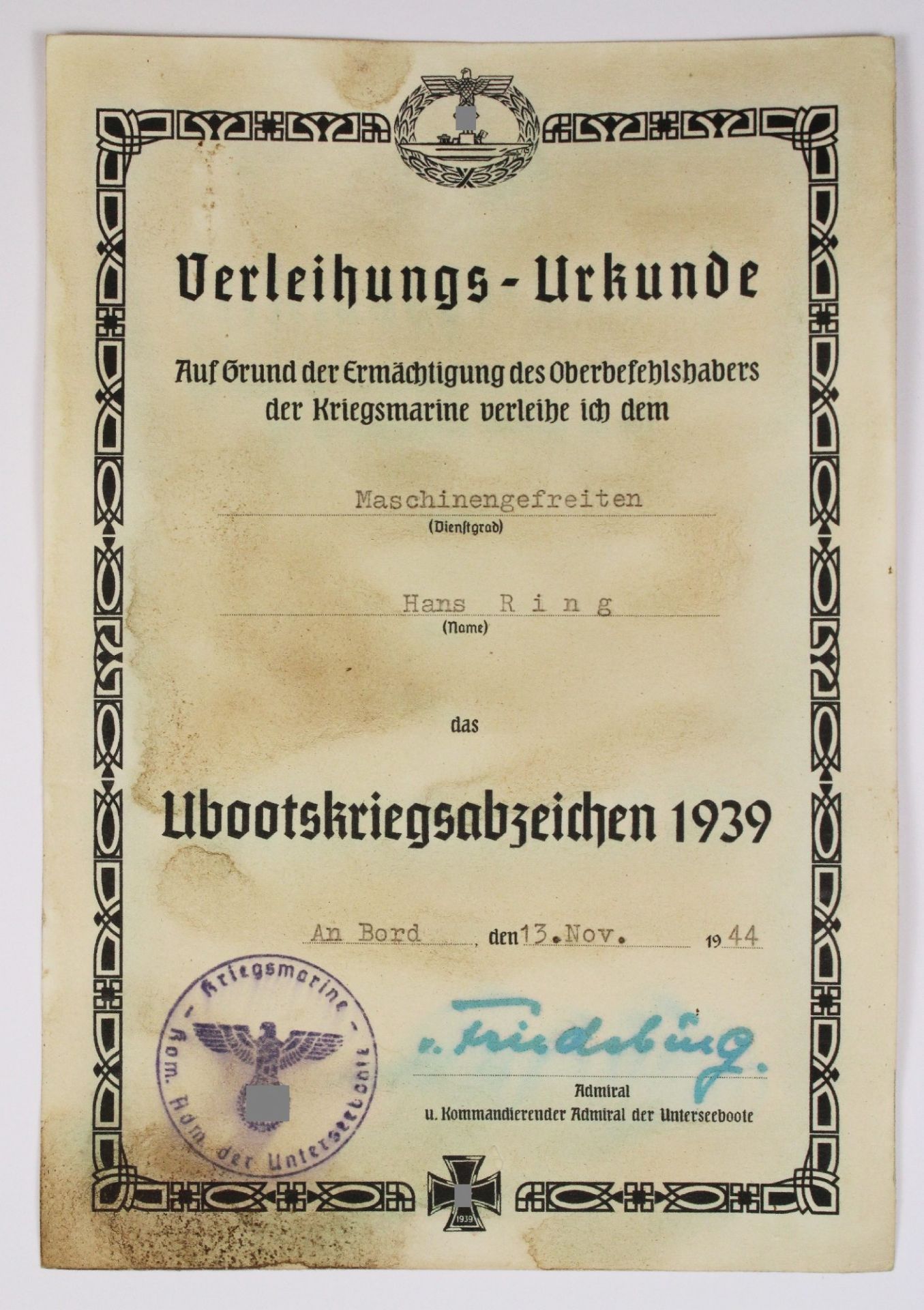 U-Bootkriegsabzeichen 1939 und Verleihungsurkunde. - Bild 2 aus 2