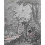 Der Vogelfänger, kolorierte Radierung, Ende 18. Jh., Plattenmaße: 24,5 x 30 cm