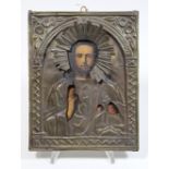 Ikone, Christus Pantokrator, Russland, 20. Jh., Metalloklad, Tempera auf Kreidegrund auf Holz