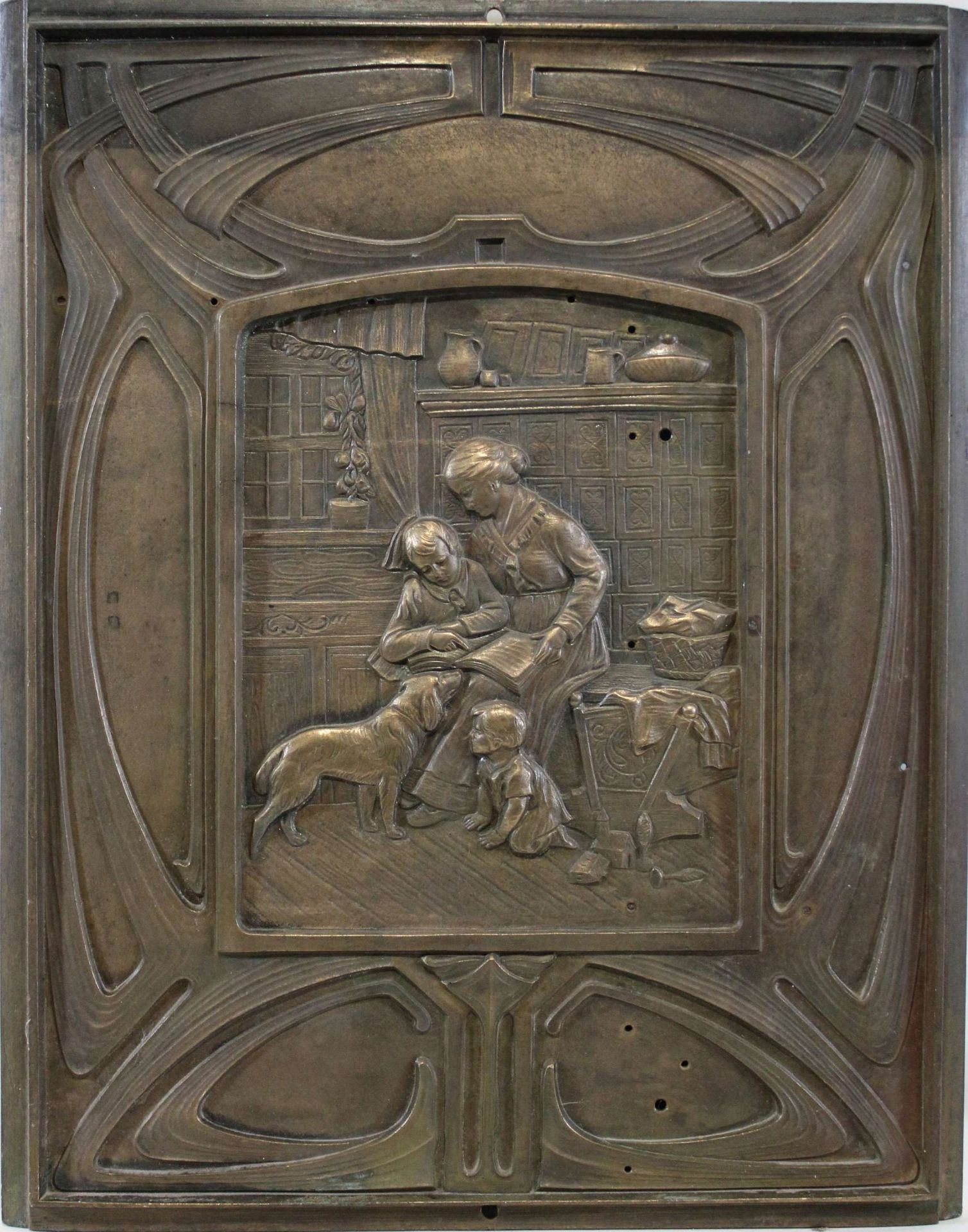 Bronzeplakette, Jugendstil, häusliche Szene