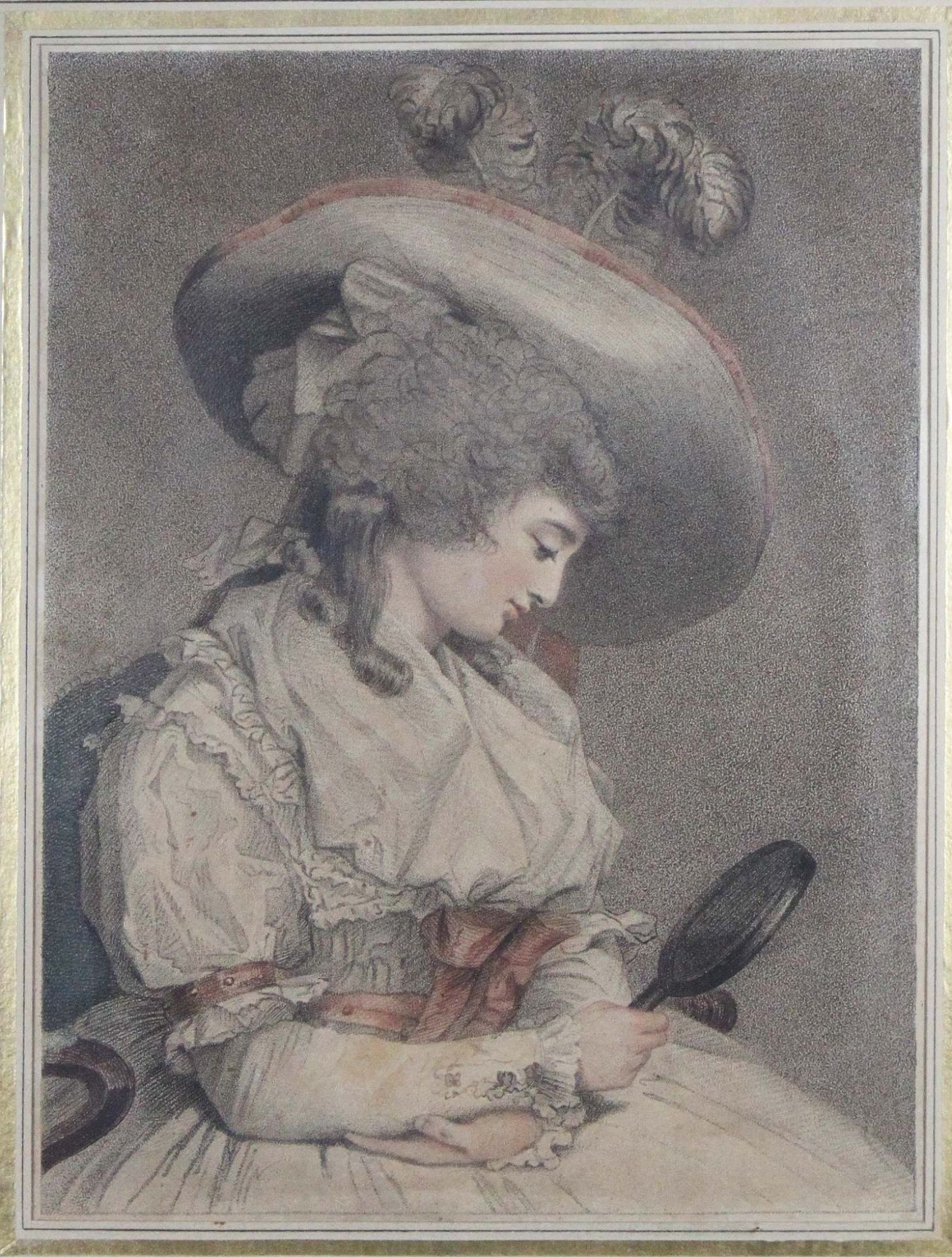 Porträt einer Dame mit Spiegel, kolorierte Radierung, um 1800, Plattenmaße: 26 x 19,5 cm