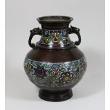 Cloisonne Vase, Japan, Bronze, polychrom bemalt, Hu-Form