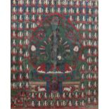 Thangka, 17./18. Jh., wohl Tibet, im zentrum Buddha auf eine Sockel mit zwei Löwen