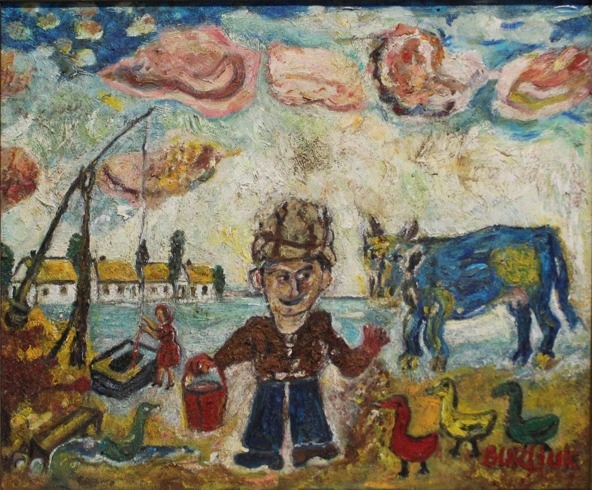 David Burliuk (ukrainisch, 1882 - 1967), Dorfszene, Öl auf Leinwand