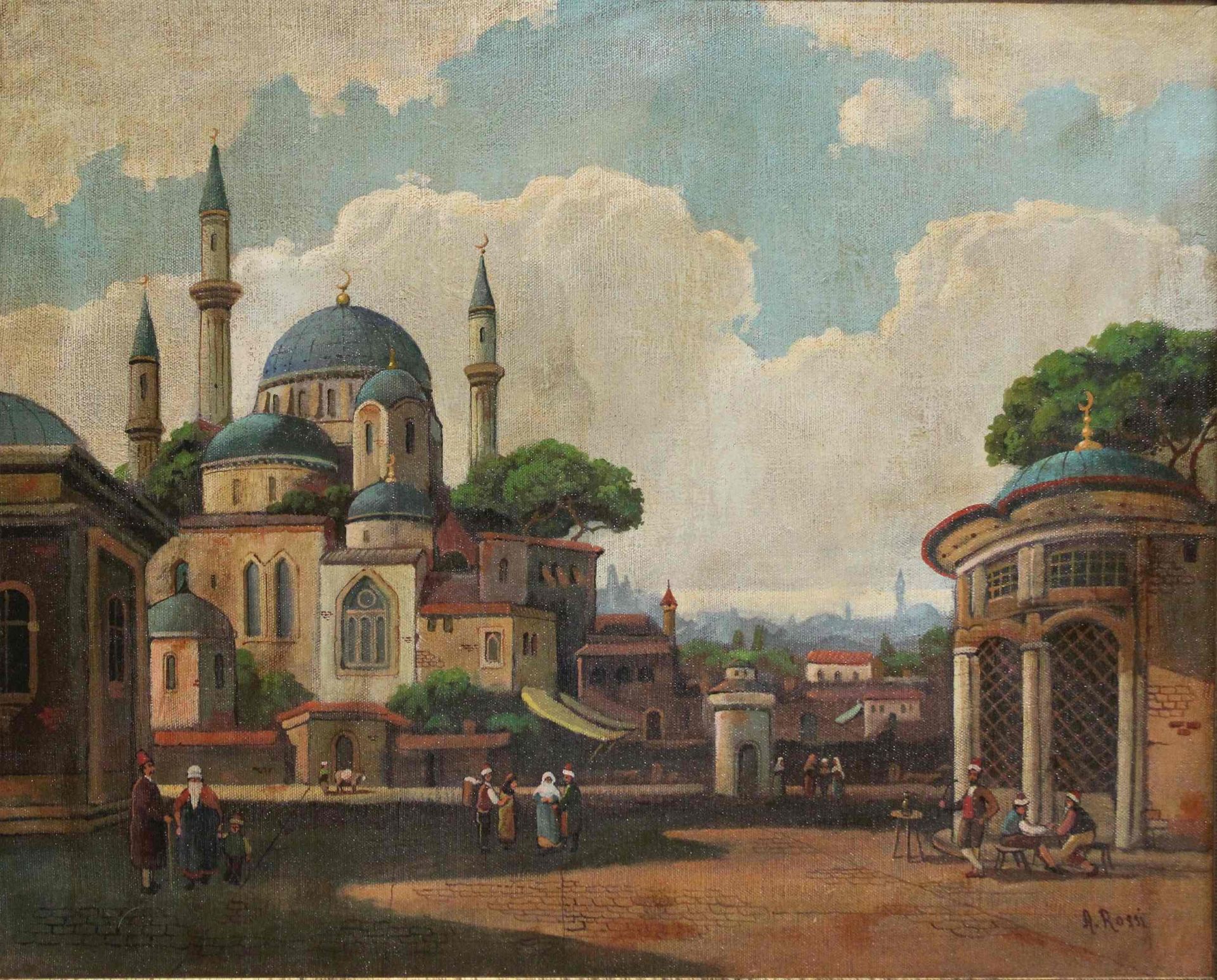 A. Rossi, Platz vor Sultan-Ahmed-Moschee, Öl auf Leinwand, unten rechts signiert.