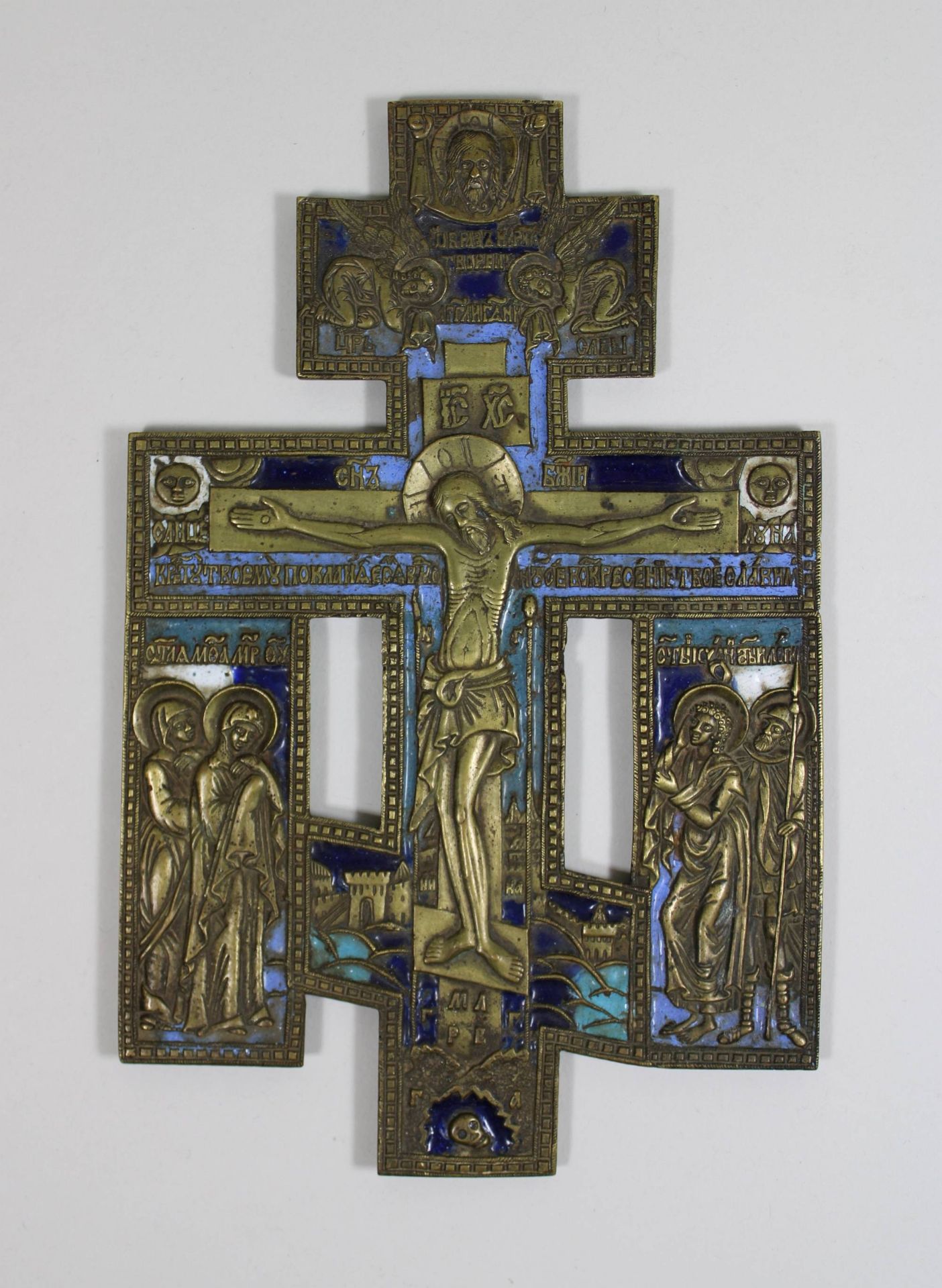 Erweitertes Segens-Kreuz, wohl 18. Jh., Russland, Bronzeguss, Christus am Kreuz 