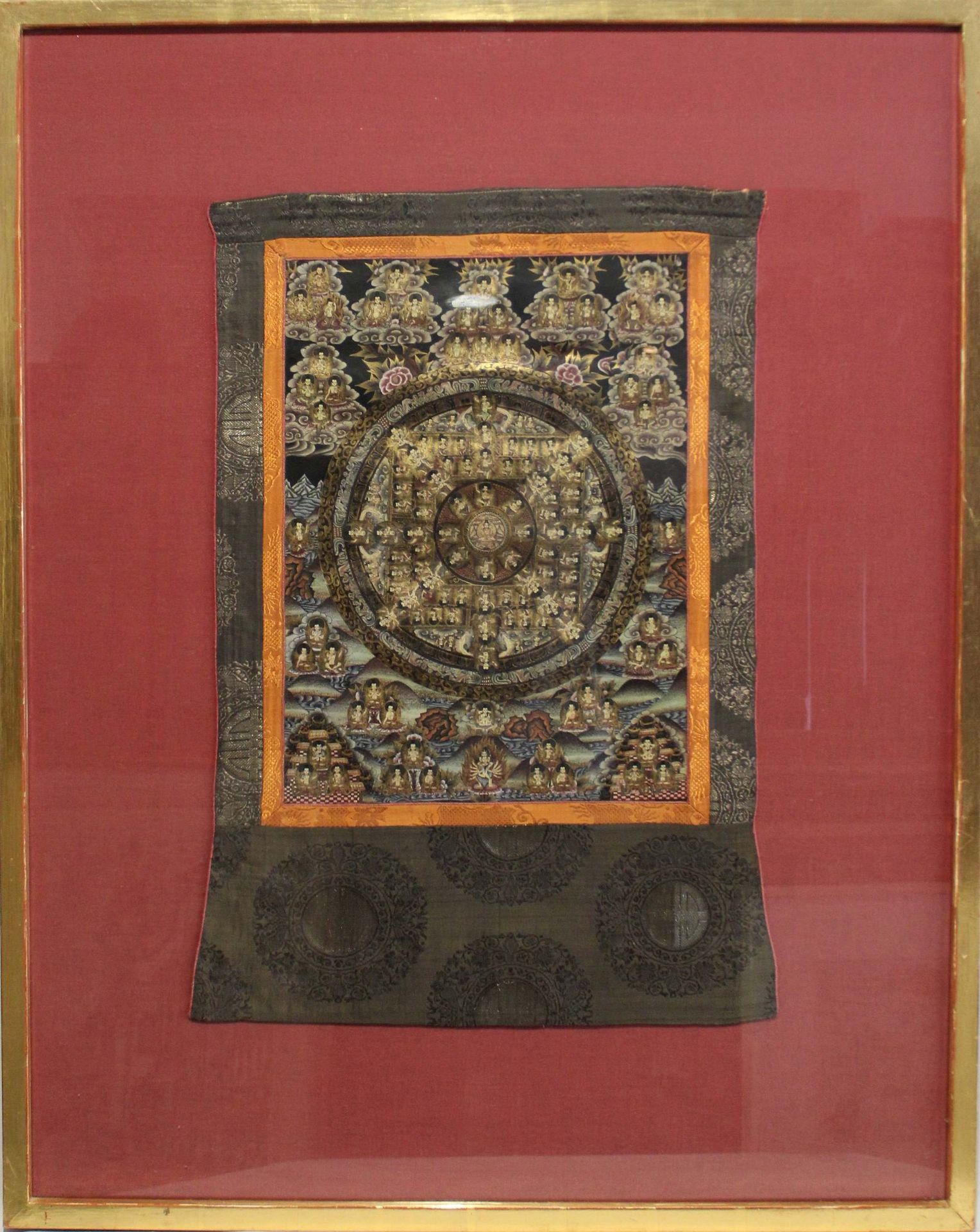 Mandala-Thangka, Tibet/Nepal, in Brokateinfassung