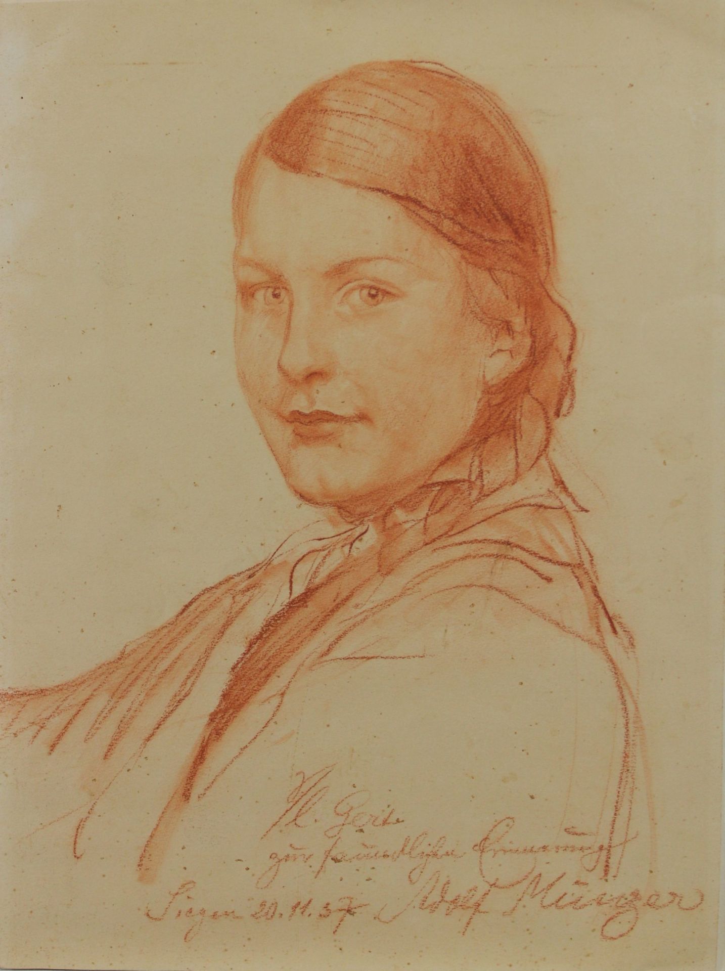 Adolf Münzer (deutsch, 1870 - 1952), Frauenporträt, 1937, Rötelzeichnung auf Papier