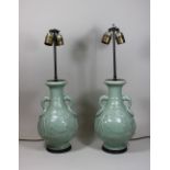 Paar Seladon Vasen-Lampen, China, Porzellan, grün glasiert