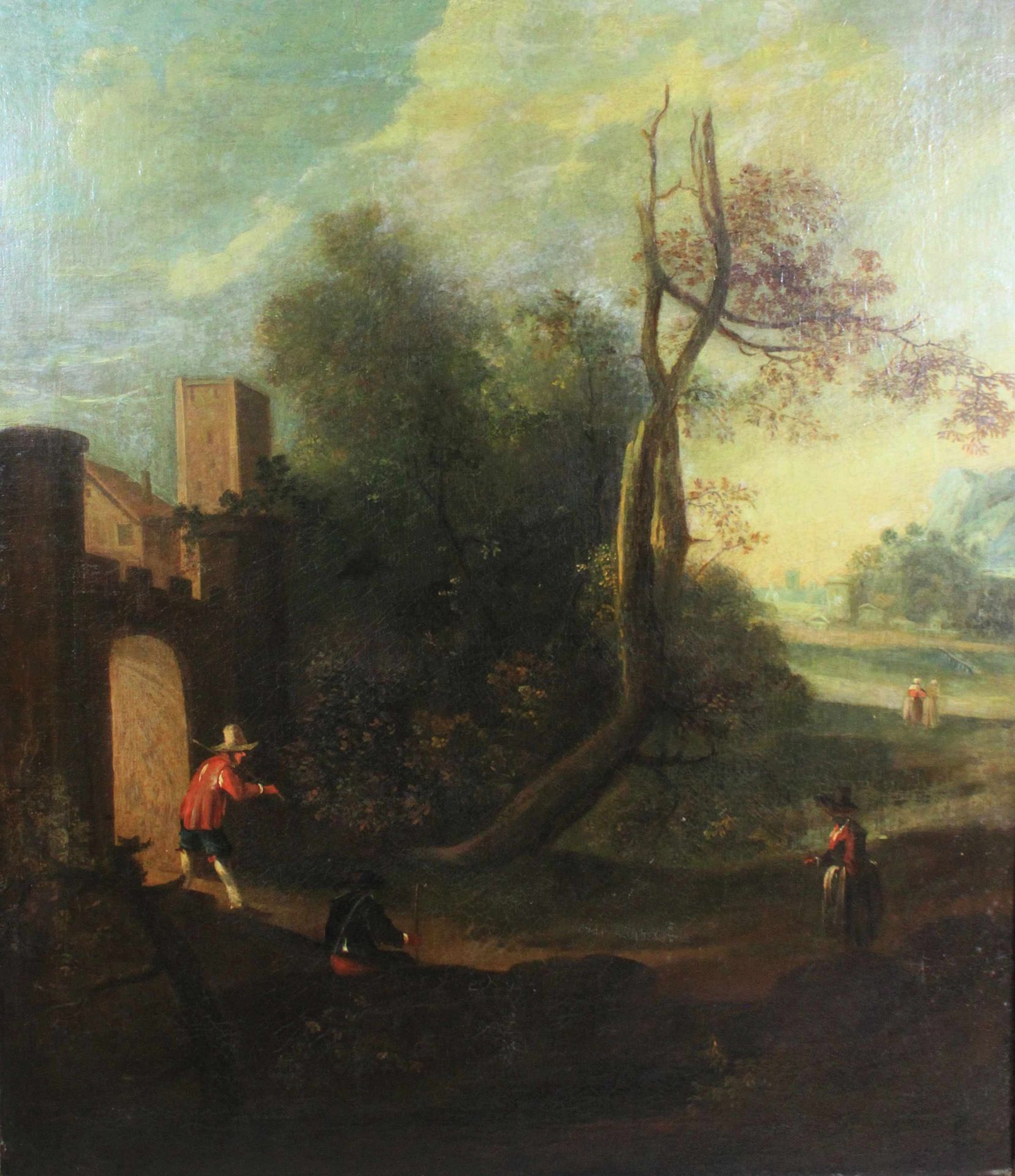 Niederländische Genrelandschaft, Öl auf Leinwand, doubliert, frühes 18. Jh. Maße: 90 x 77 cm, gerahm